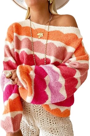 Urchics Womens Fall Long Sleeve Knit Sweater Oversized Drop Shoulder Striped Color Block Winter Pullover Sweater Tops