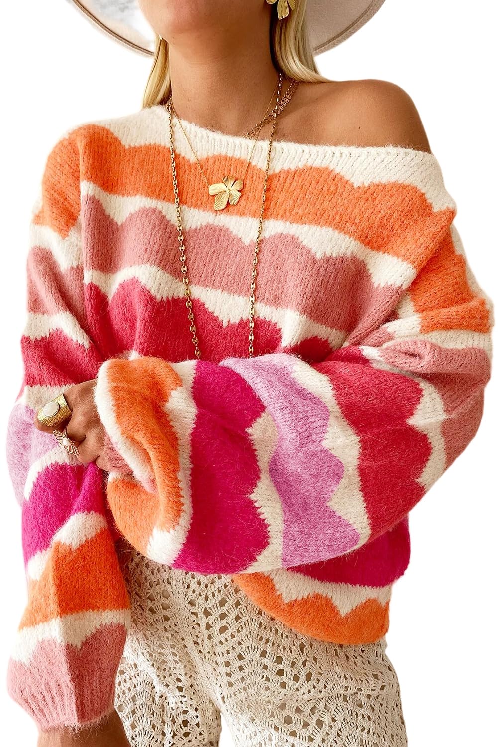 Urchics Womens Fall Long Sleeve Knit Sweater Oversized Drop Shoulder Striped Color Block Winter Pullover Sweater Tops