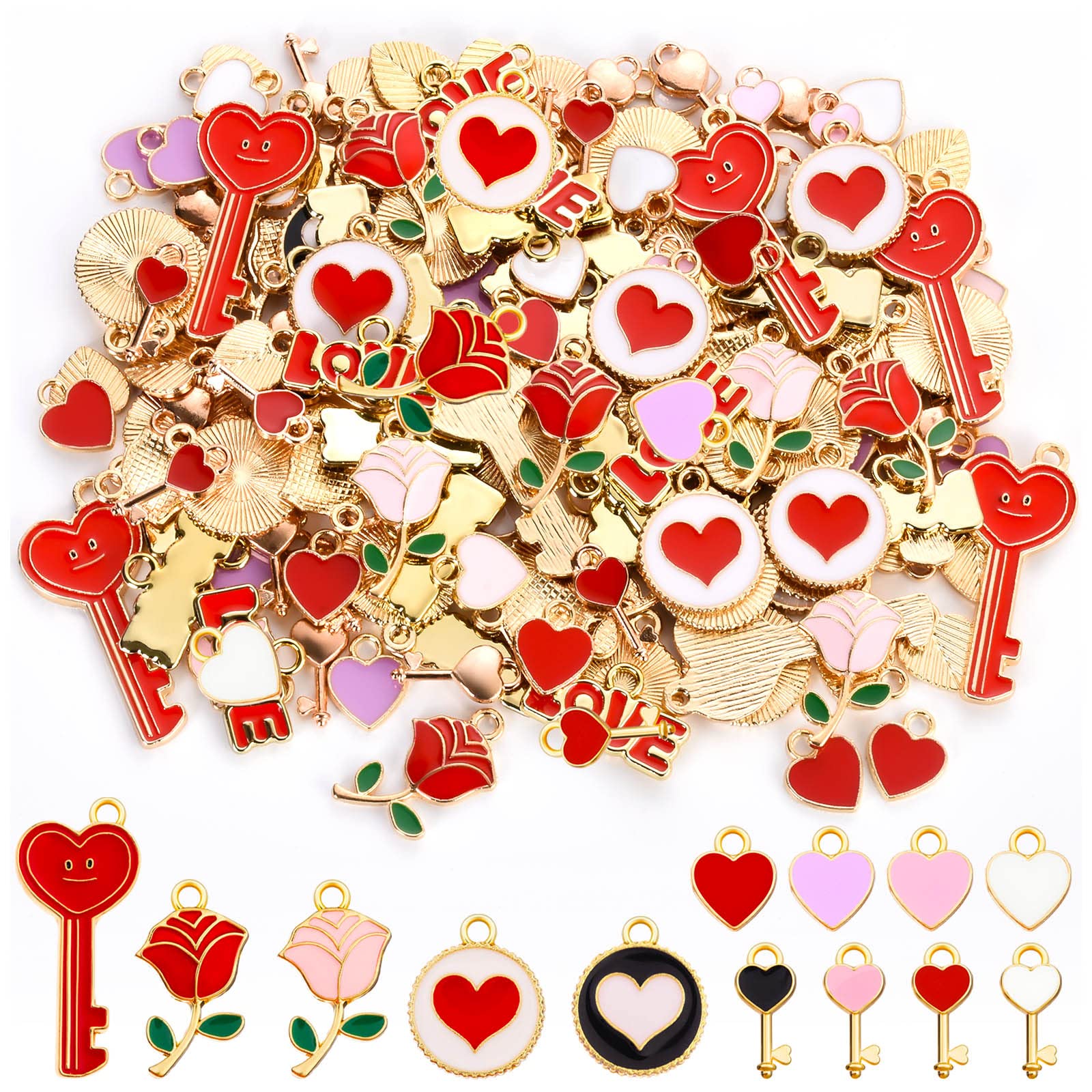 HTZNHXT 104 Pcs Heart Charms Enamel, Love Heart Key Rose Shaped Pendants for Bracelet Jewelry Necklace Earring DIY Craft Making