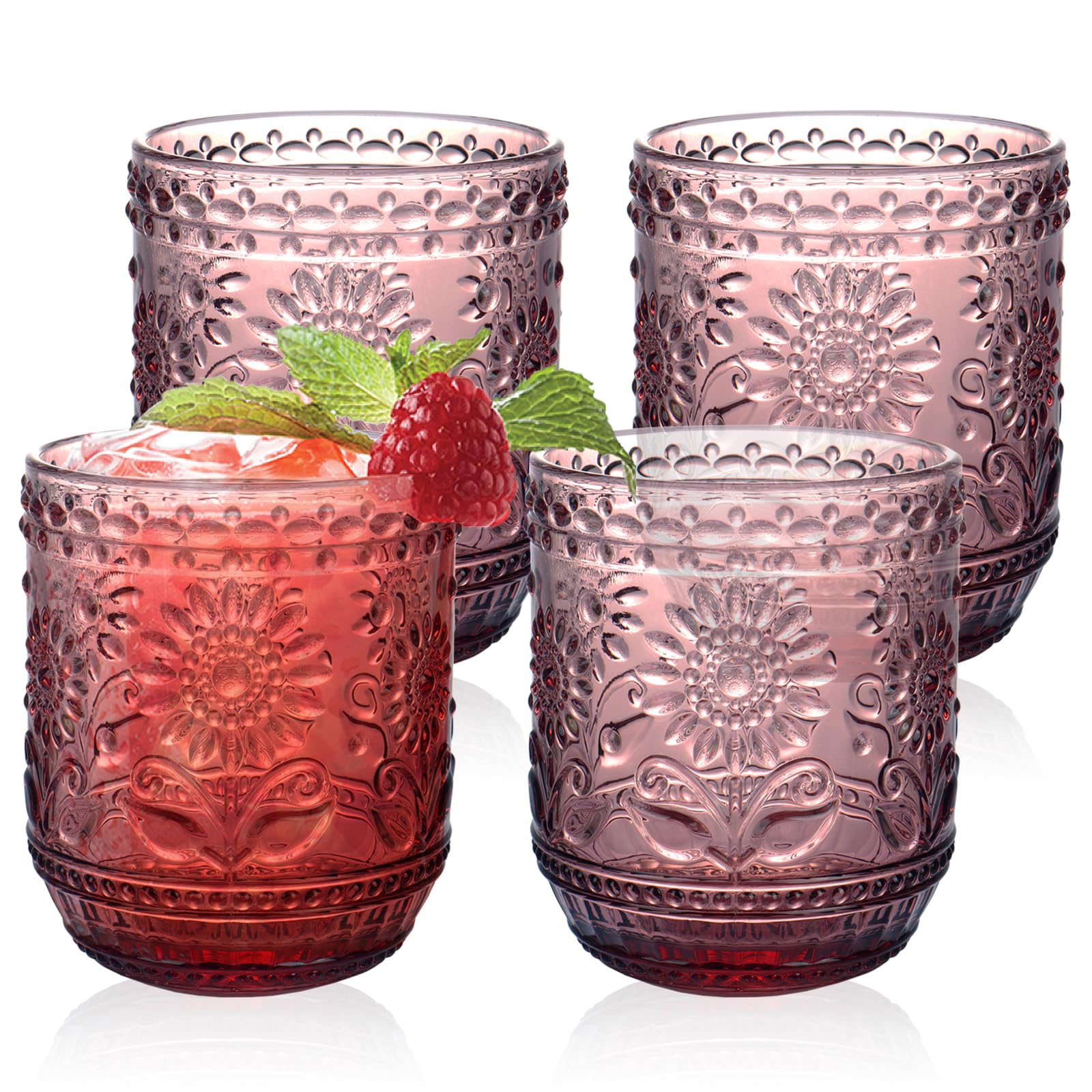 Vintage Drinking Glasses Set of 4, 380ml Coloured Glass Tumblers with Embossed Sunflower Design, Heavy-Duty Lead-Free Water Glasses for Iced Coffee, Juice, Cocktail & Wine, Dishwasher Safe (Purple)