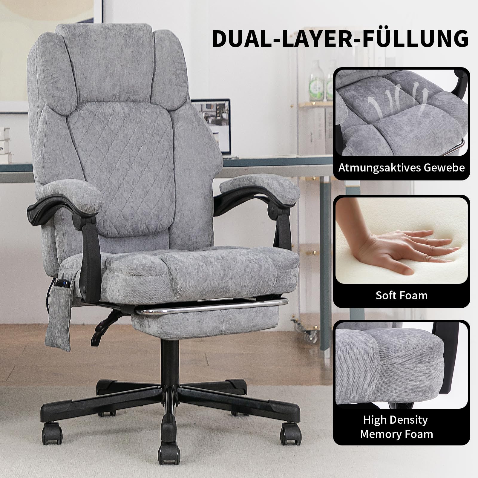 bürostuhl ergonomisch,Massage und Wärmesessel Stuhl, drehstuhl mit fußstütze, möbel für arbeitszimmer, pc Stuhl, chefsessel, Stoff (grau)