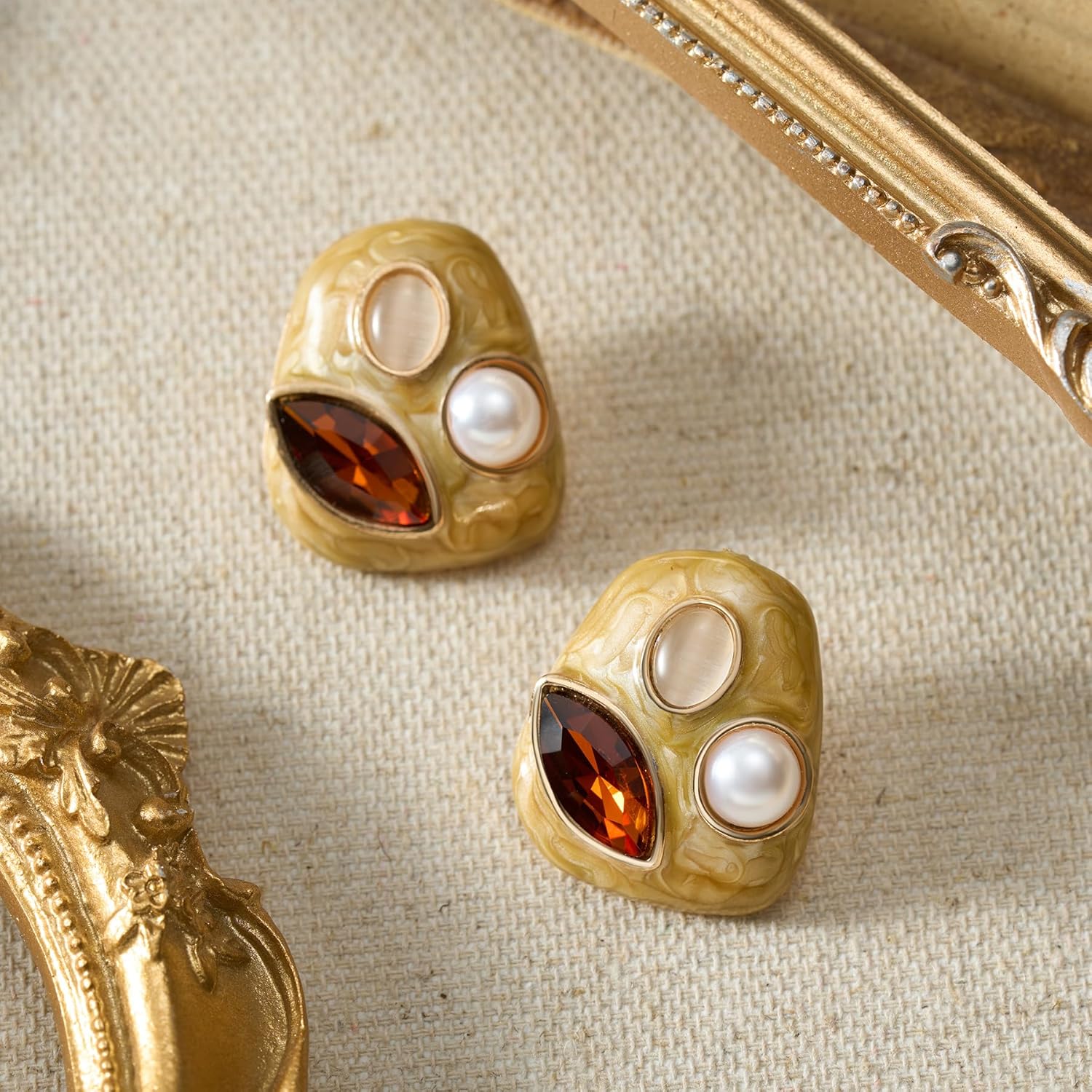 SWEETV Vintage Gold Statement Stud Earrings for Women Trendy, Antique Enamel Chunky Pearl Earrings, Big Crystal Earrings for Fashion Prom Jewelry Gifts - Image 5