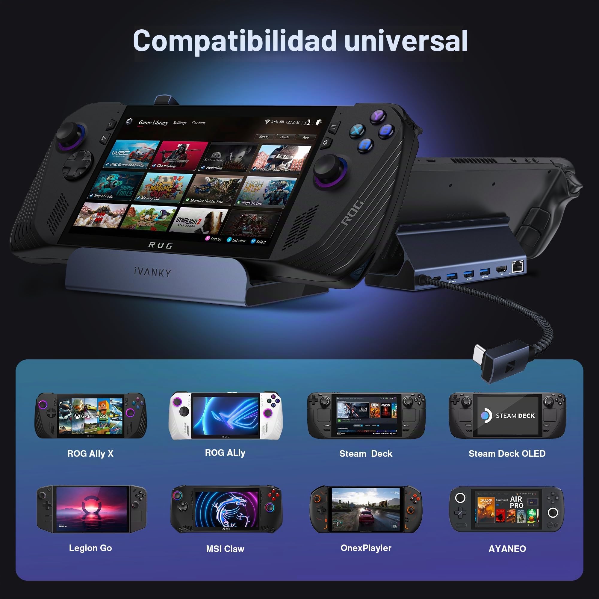 iVANKY 4K@144Hz 8 en 1 Estación de Acoplamiento para Valve Steam Deck OLED | ASUS ROG Ally X/Legion Go/ROG Ally/Stream Deck Dock, con HDMI 2.1, Ethernet Gigabit, 3*USB-A 3.0, mit 100W-Netzteil