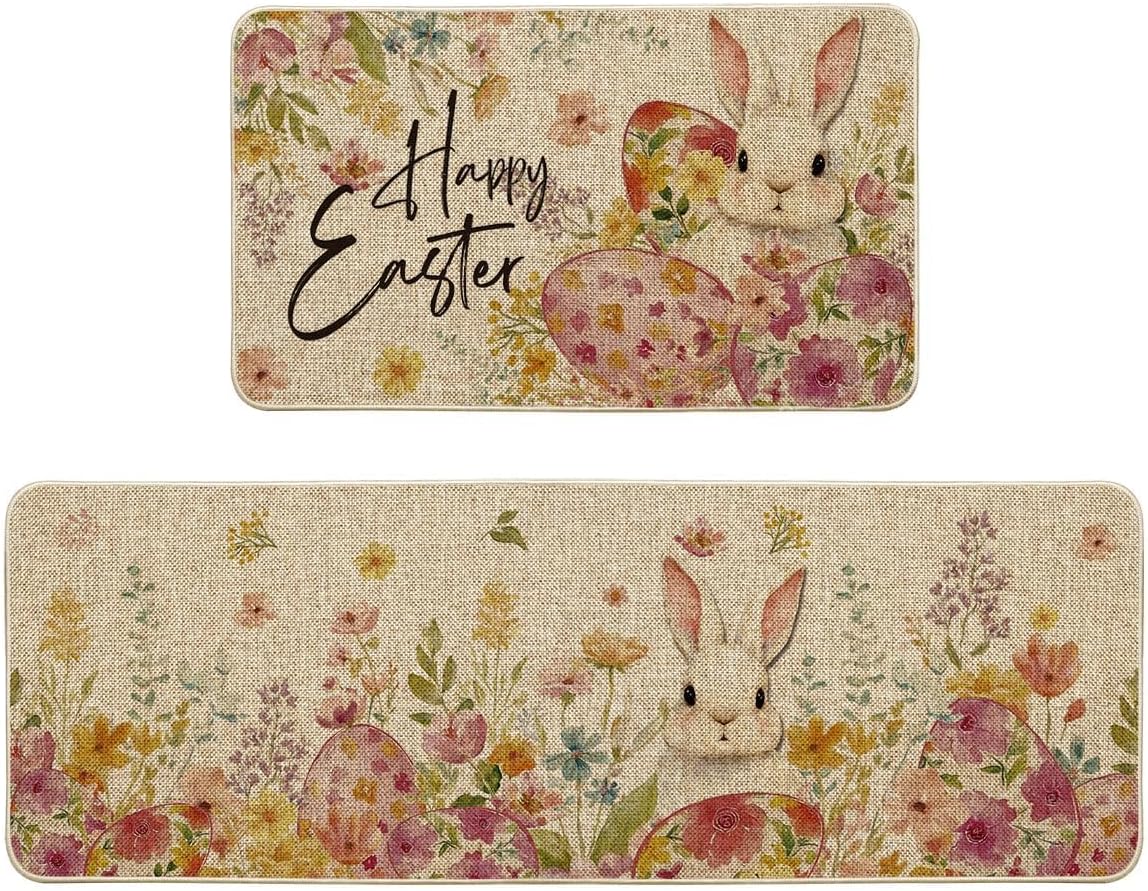 Artoid Mode Rabbit Bunny Flowers Happy Eggs Easter Kitchen Mats Set of 2, Spring Home Decor Low-Profile Kitchen Rugs for Floor - 17x29 and 17x47 Inch