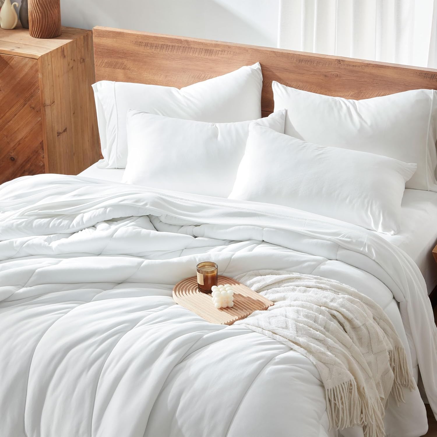 SLEEP ZONE Queen Size Comforter Set, Breathable Jersey Knit Soft Duvet Insert Set 3 Pieces Bedding Sets for Bedroom All Season, White