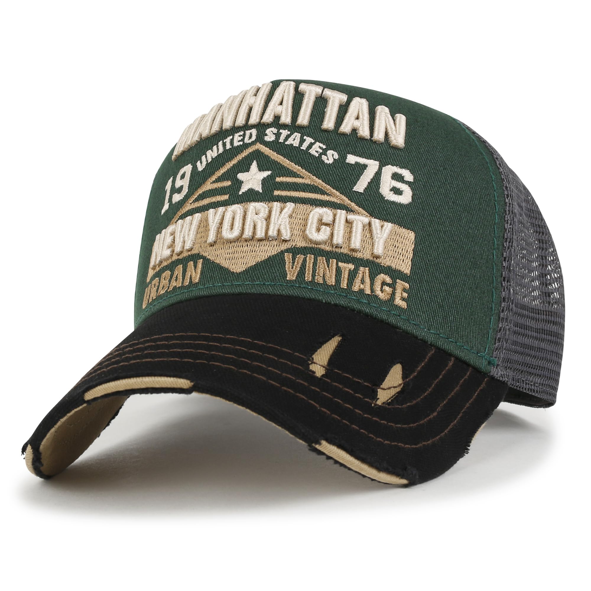 ililily Premium Manhattan Wide Embroidery Trucker Hat Vintage Baseball Cap