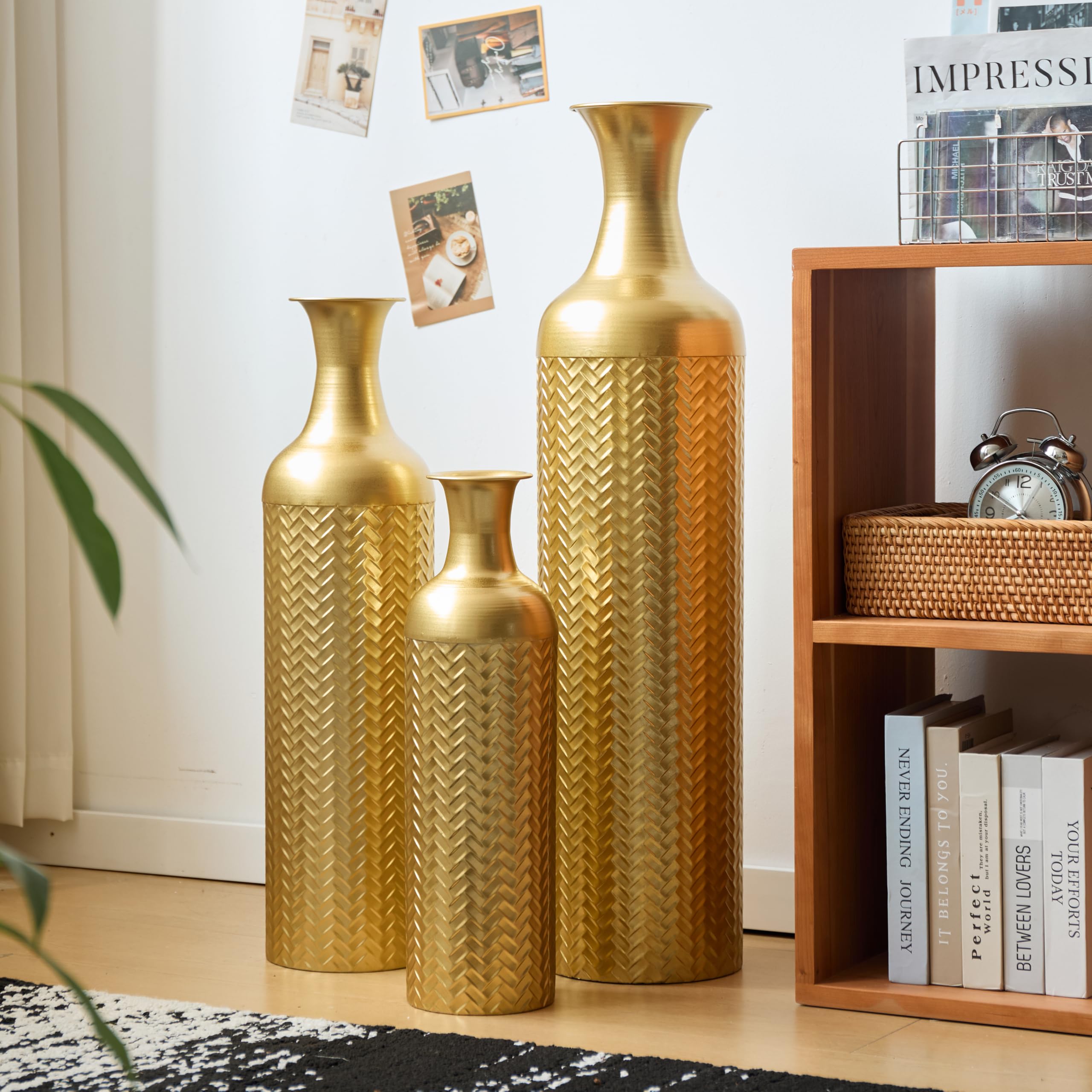 Wazon na kwiaty, nowoczesny, złoty – zestaw 3 wazonów metalowych, duży wazon i mały metalowy wazon do dekoracji salonu, elegancka dekoracja, duży wazony podłogowe, luksusowe wazony na kwiaty, wazon