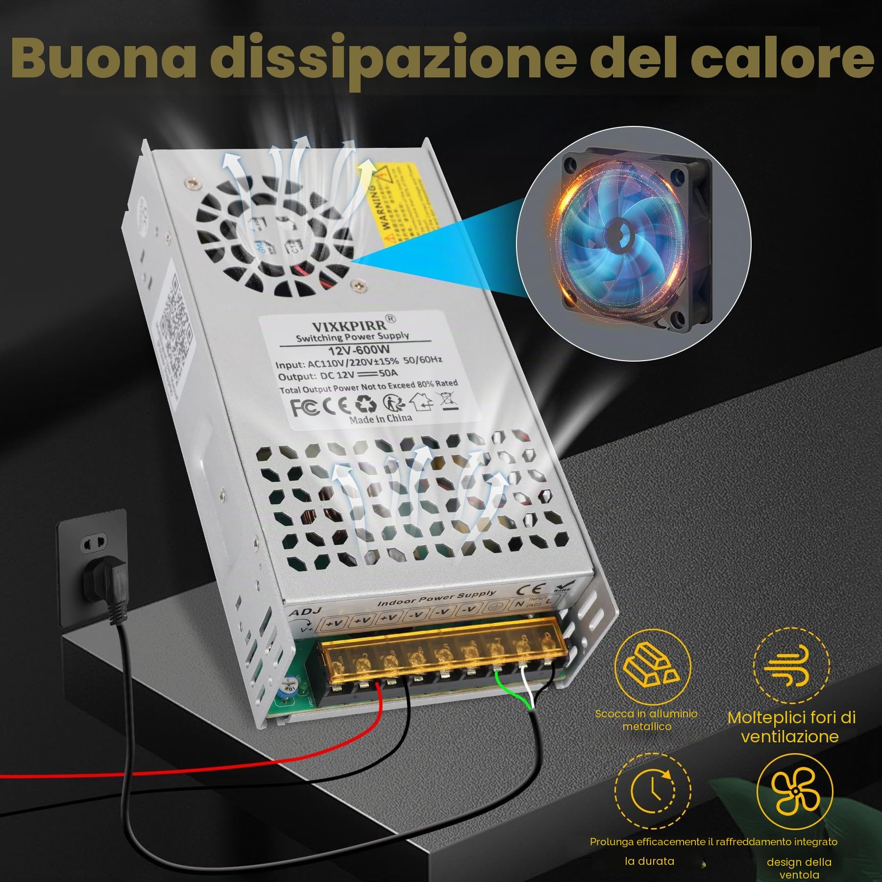 DC 12V 50A 600W Alimentatore Trasformatore 220V AC a DC 12V Convertitore 50A 600W Alimentatore Adattatore per 12Volt Pompa CCTV Telecamera Sicurezza Auto Stereo Stampante
