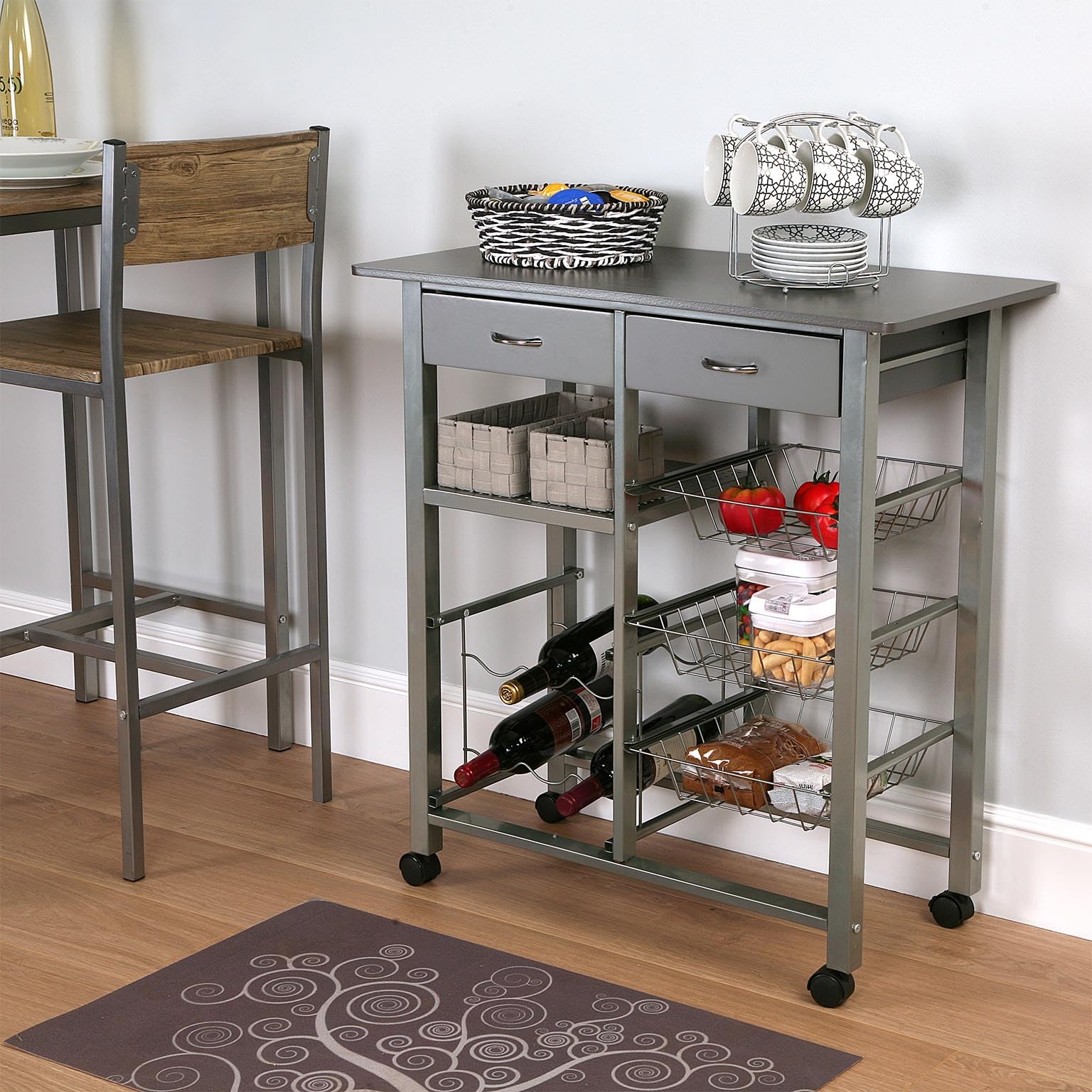 Versa Leicester Carro de Cocina con Ruedas, cajones y botellero, Verdulero con despensa y organizadores, Almacenaje de Cocina, Medidas (Al x L x An) 82 x 40 x 76 cm, Madera y Metal, Color Gris