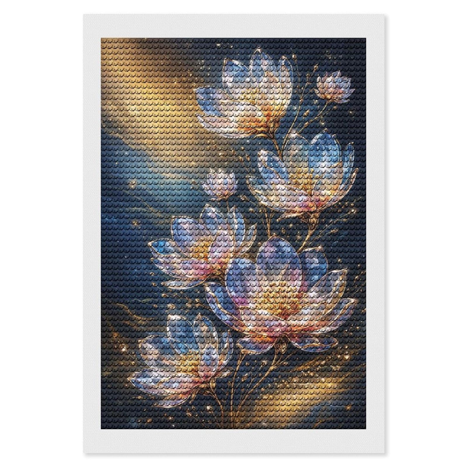 Junmoney Crystal Lotus Flowers in Cosmic Glow Diamond Art Kit 8"x12", Vintage Style Decor, Stress Relief Craft, Decor Project, Relaxing DIY, Creative Hobby