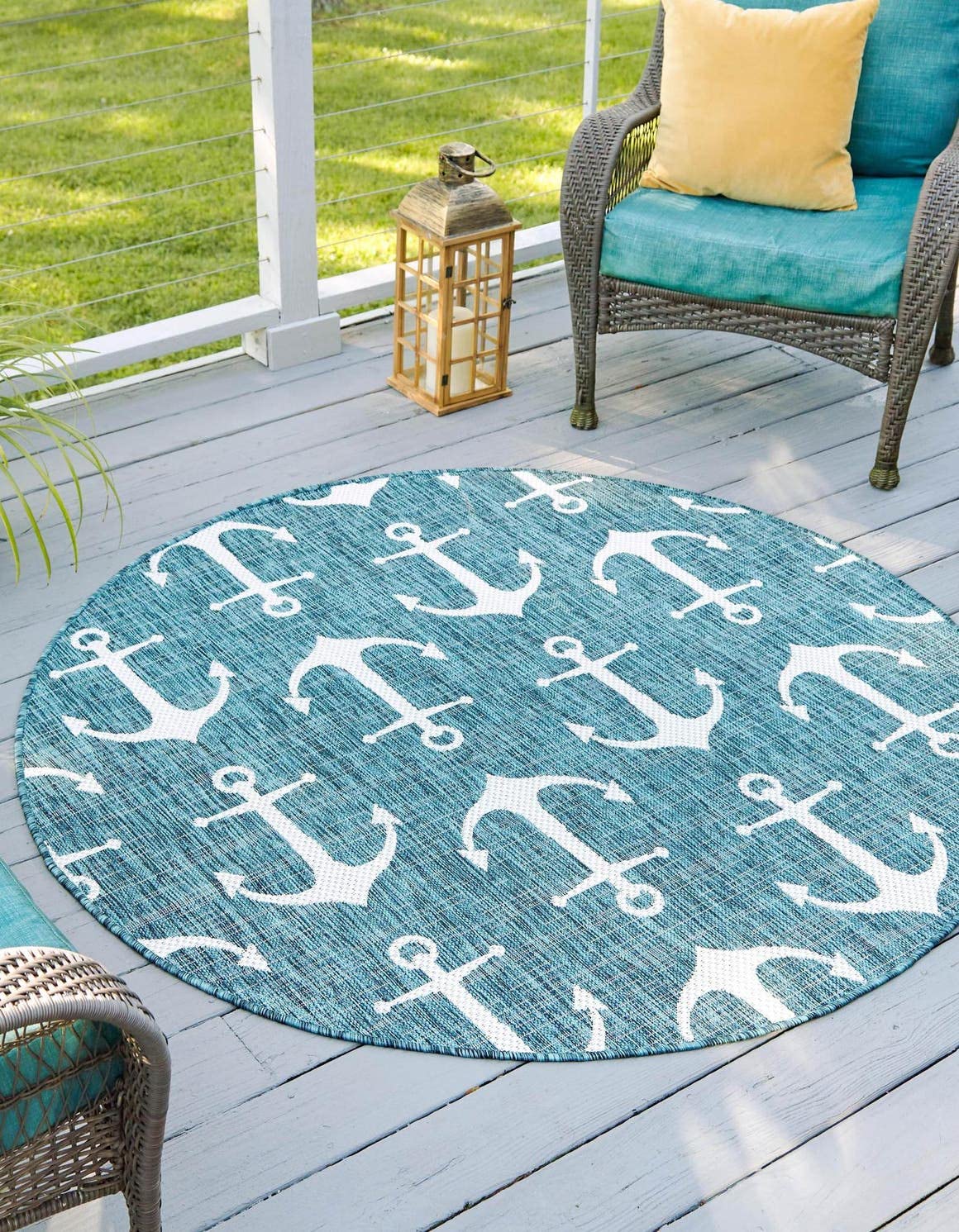 Unique Loom Outdoor Coastal Collection Area Rug - Ahoy (10' Round, Teal/ Ivory)