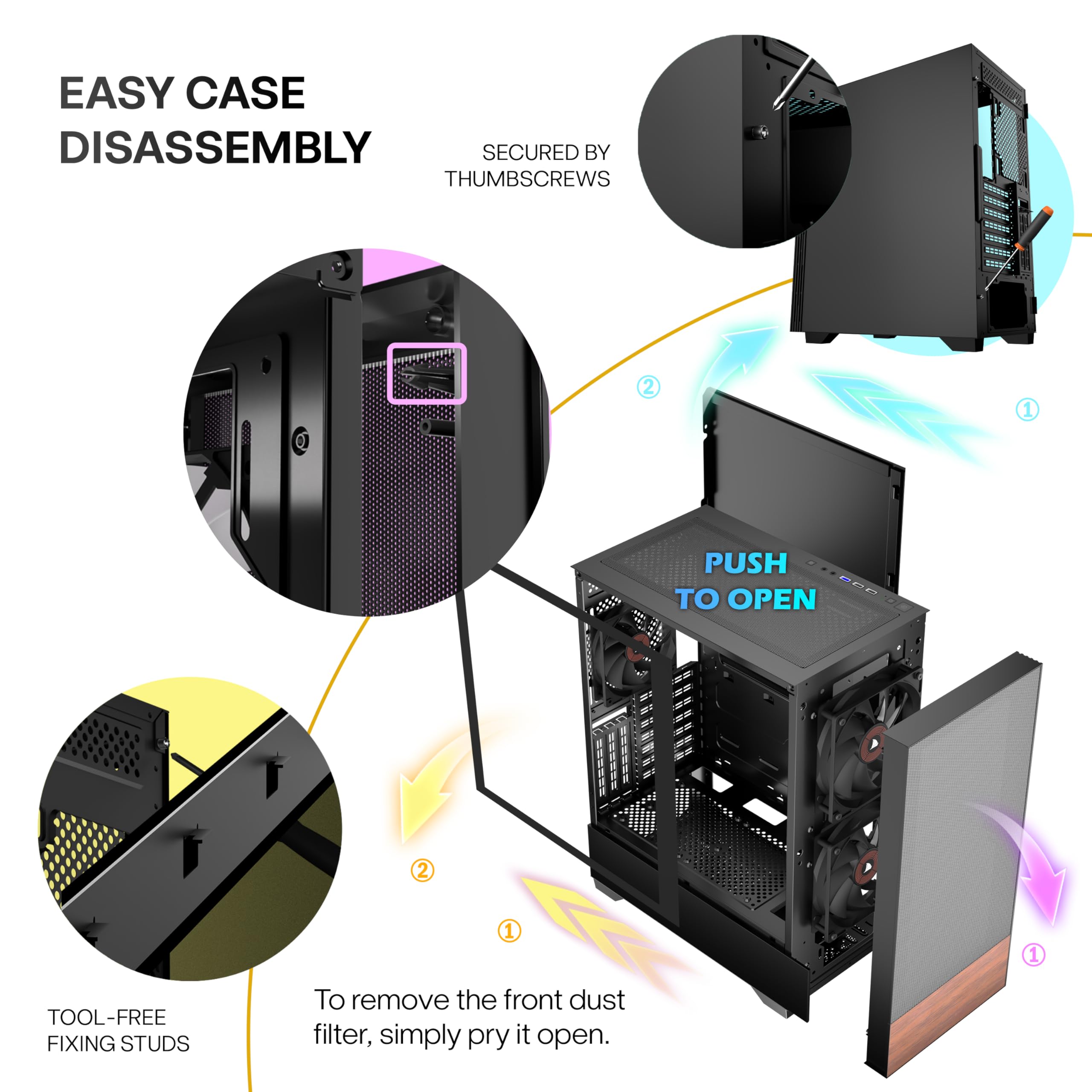 Case per PC Case ATX 3 preinstallata, case per computer Mid Tower con vetro temperato, pannelli in legno di noce stampati, supporto radiatore da 360 mm, custodia da gioco nera (H3)