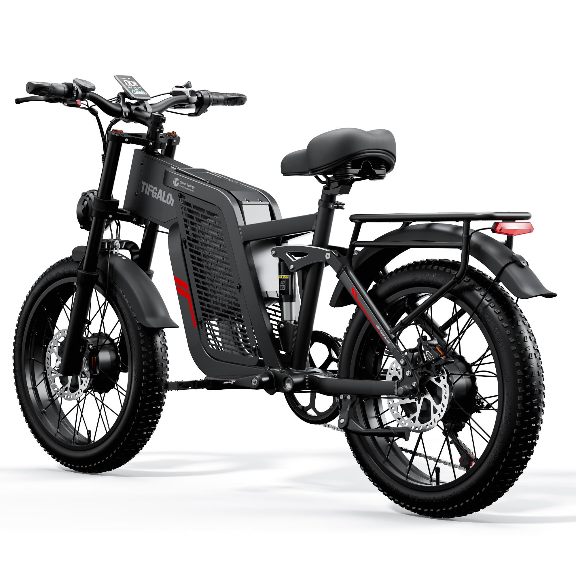 Vélo électrique pour adulte, double moteur, batterie lithium-ion 52V 24Ah, autonomie maximale de 45 à 90 kilomètres, pneus de 20 pouces de large, suspension intégrale, vélo électrique à 7 vitesses.