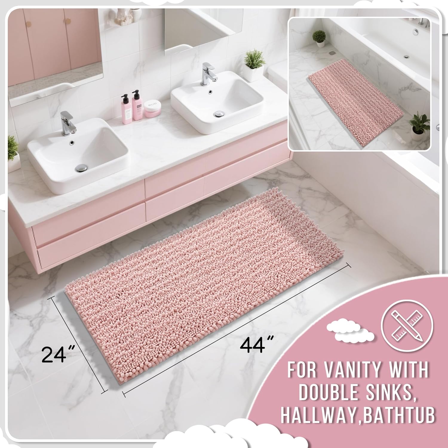 Yimobra Long Bathroom Rugs Non Slip Washable 44x24 Inch - Ultra Soft Absorbent Chenille Bath Mat, Quick Dry Shaggy Floor Carpet for Tub Shower, Light Pink Home Decor Accessories - Image 2