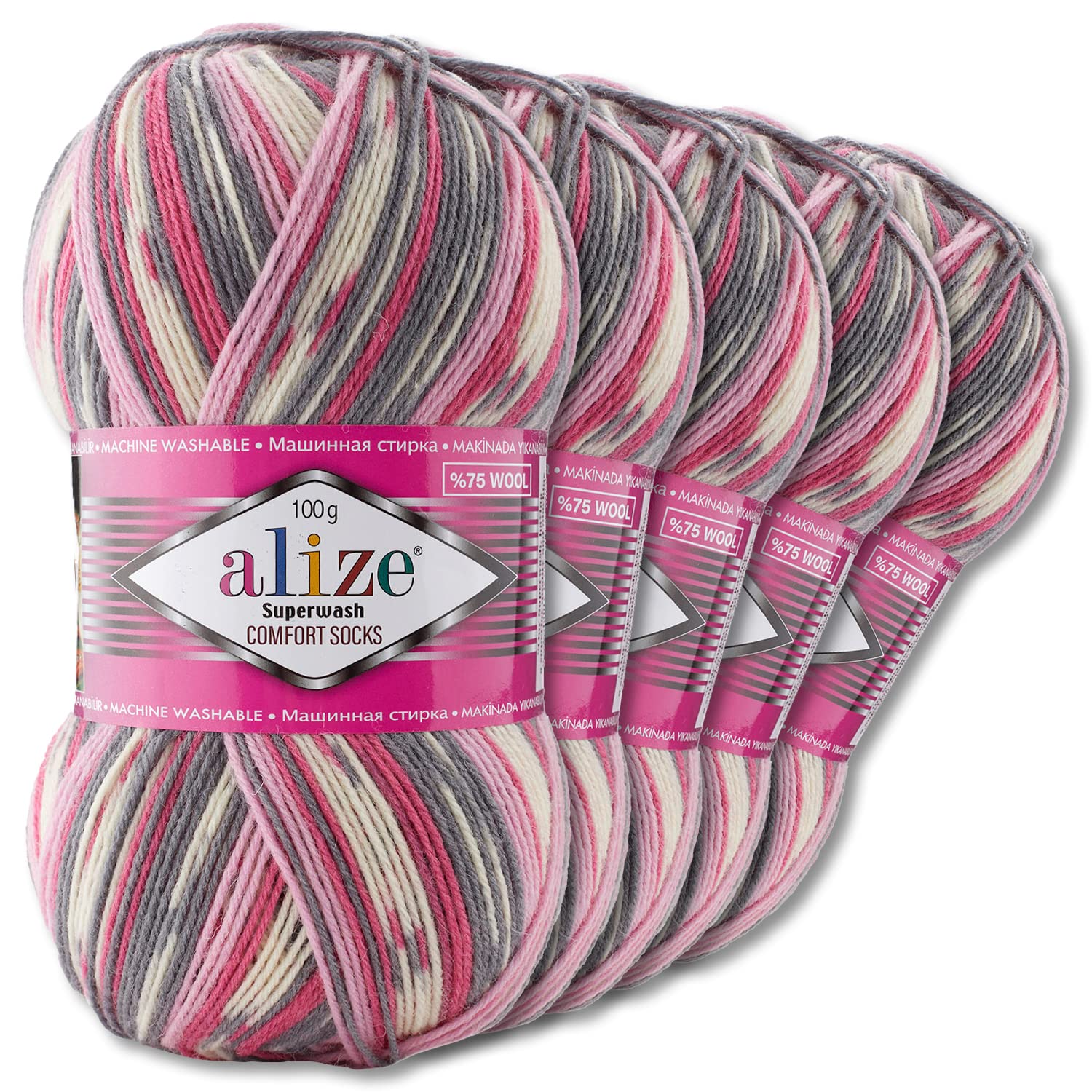 WohnkultAlize 7707 Superwash Comfort Sock Wool 33 Colours to Choose From One / Multicoloured 5 x 100 g