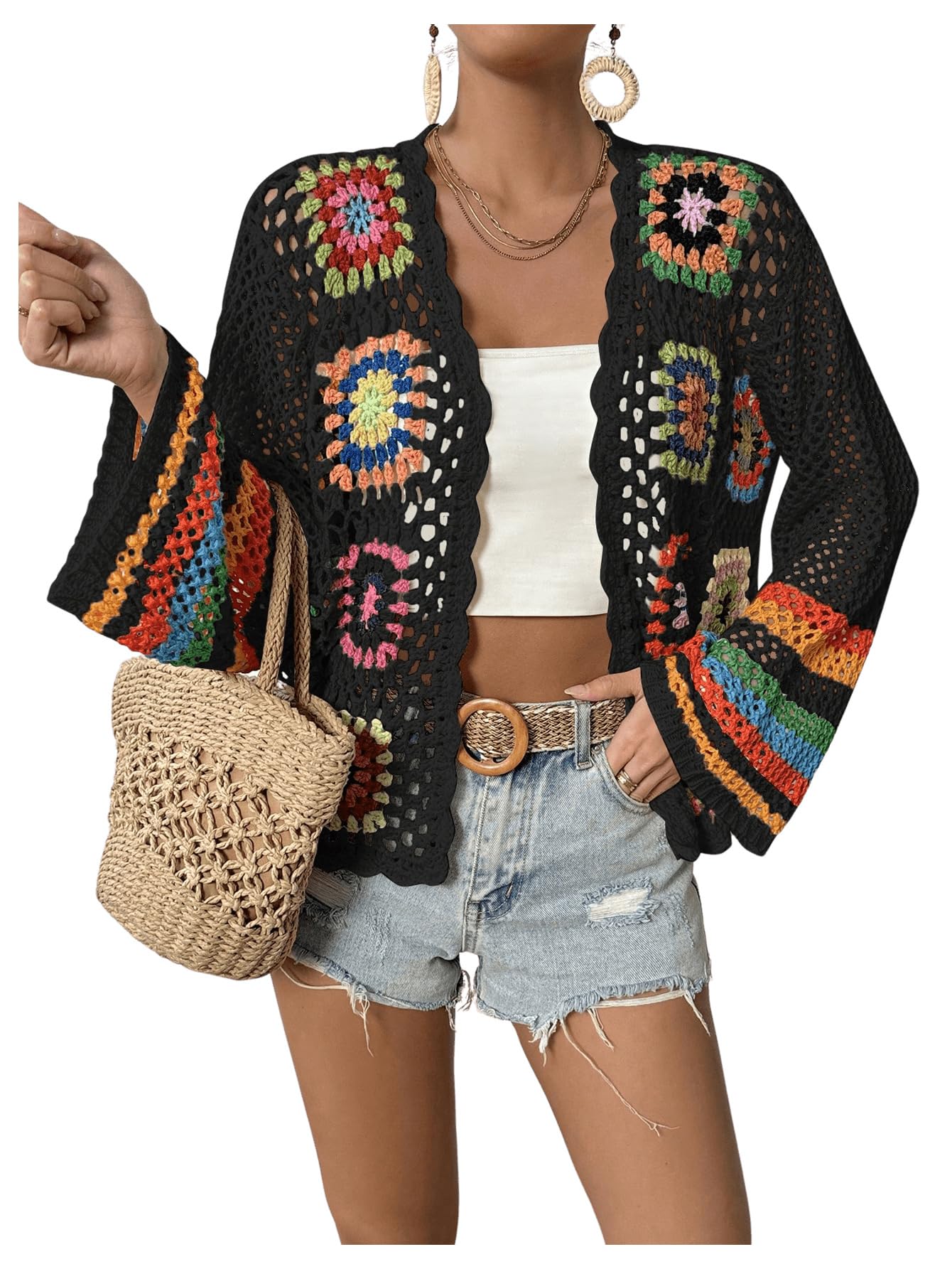SHENHE Women's Floral Crochet Cardigan Hollow Out Open Front Long Sleeve Cardigan Sweater