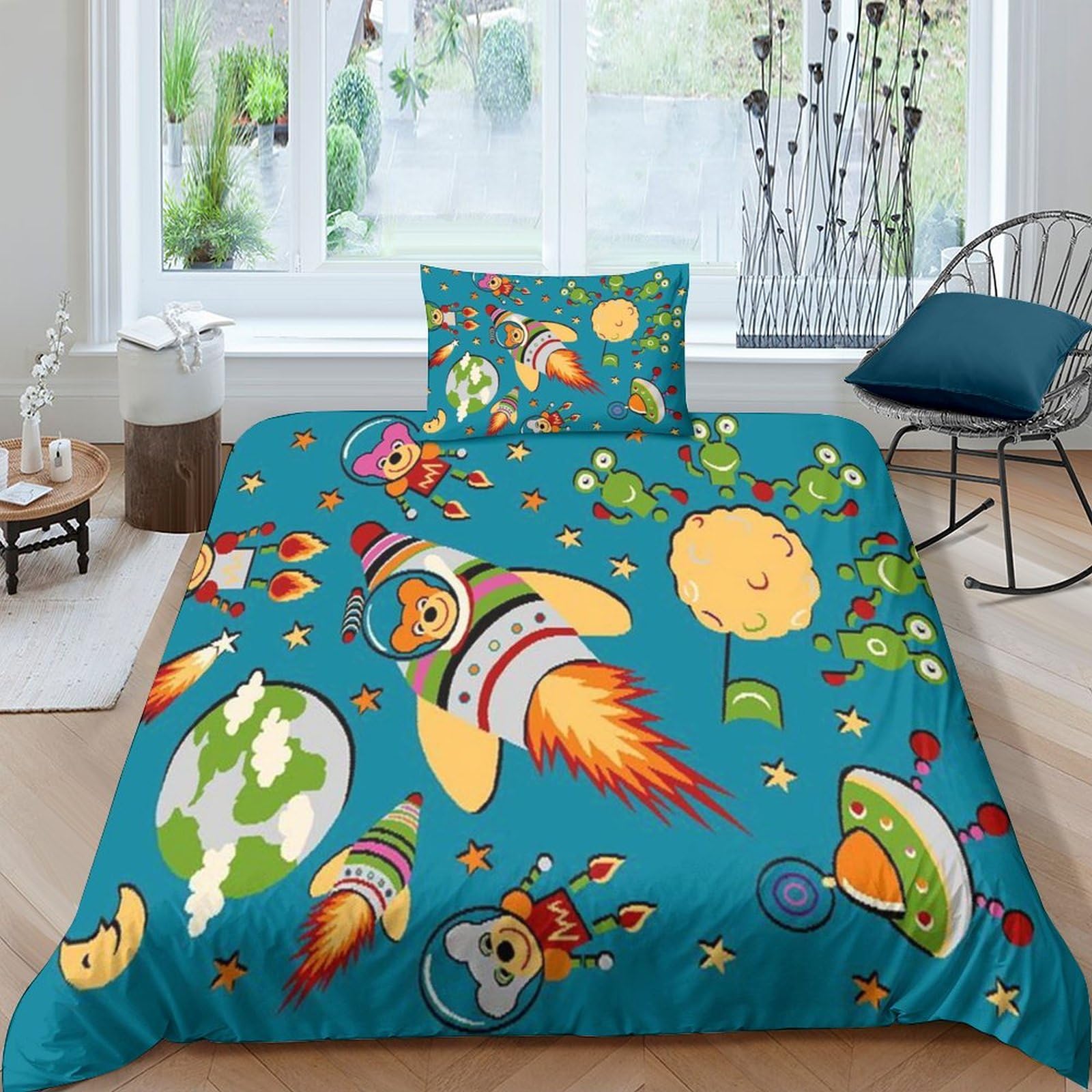 Parure de lit univers avec housse de couette 3D et taies d'oreiller