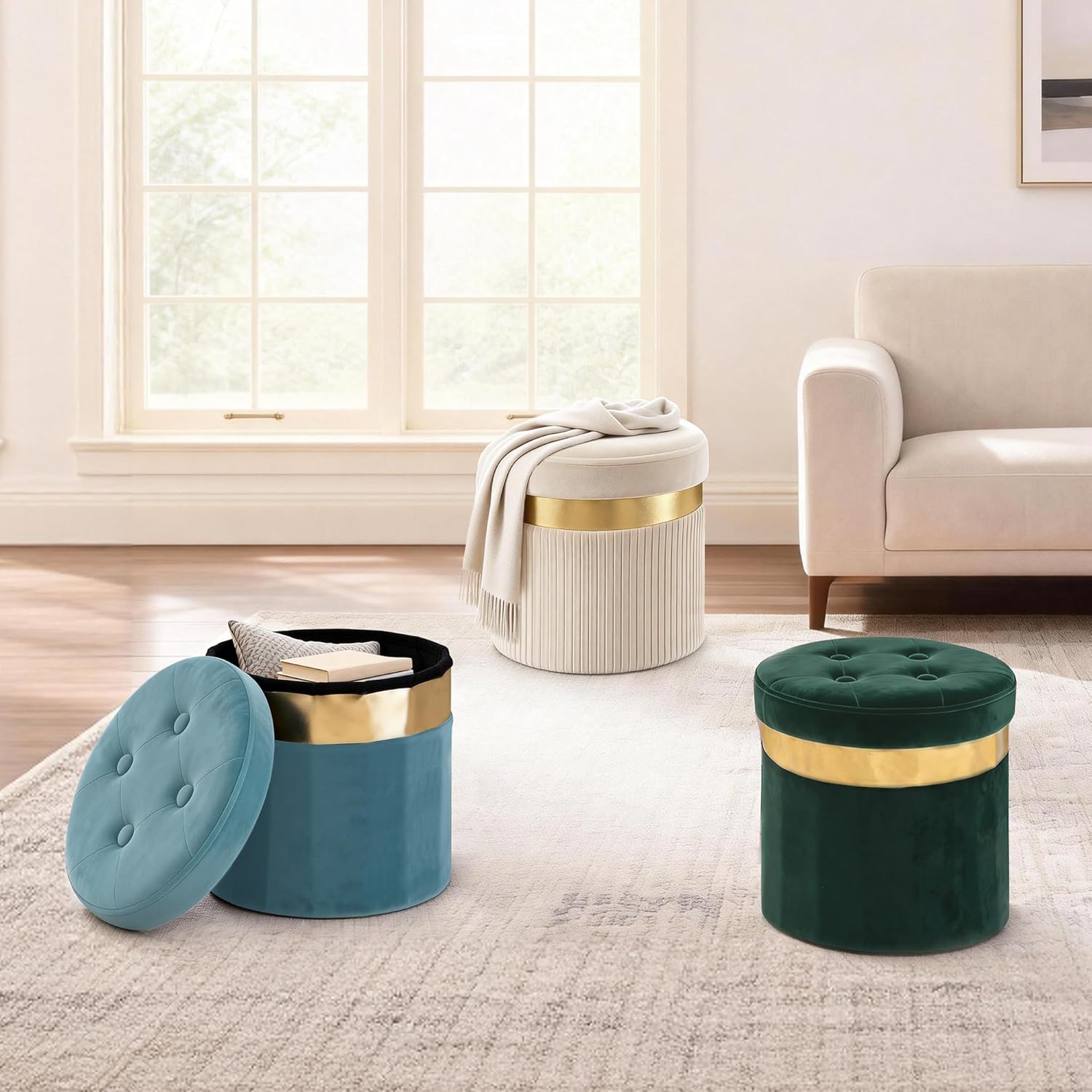 xuperbonus Small Ottoman with Storage,Folding Round Ottoman with Gold Trim,Velvet Storage Stool,Foot Stool with Soft Padded,Foot Rest for Living Room13“x13”x12.4(Green,1pcs)
