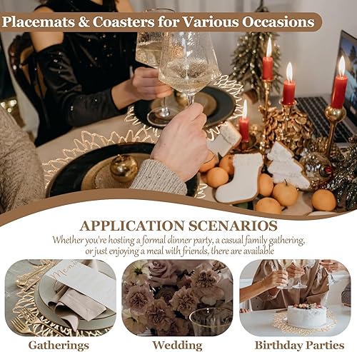 Miniatura 7 de Paquete de 24 manteles individuales y posavasos dorados, manteles individuales de vinilo dorado de 15 pulgadas, tapetes redondos a granel,
