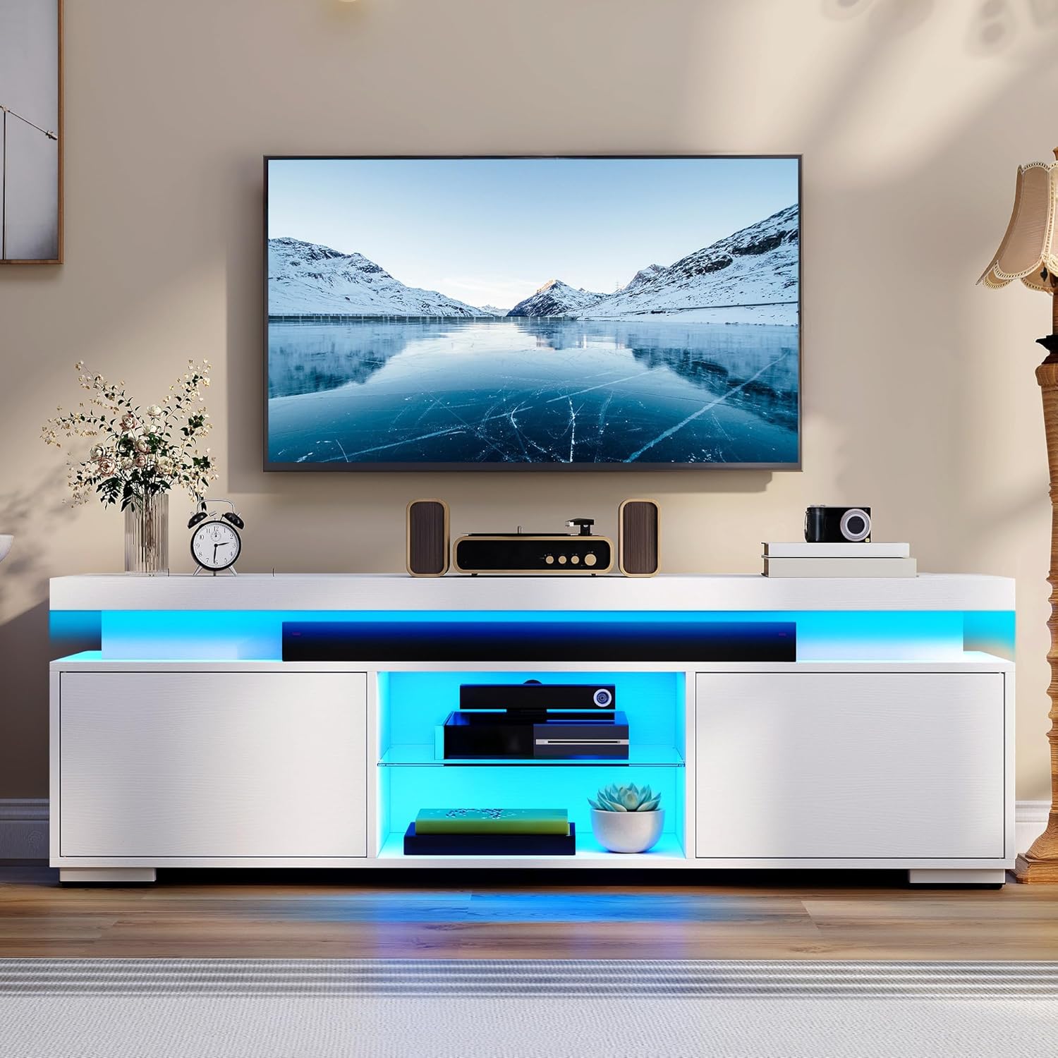 DWVO White Modern TV Stand with LED Lights and Power Outlet, Modern Entertainment Center for 55/60/65 Inch, Media Console Table TV Cabinet with Storage, Universal TV Stand for Living Room,White - Image 3