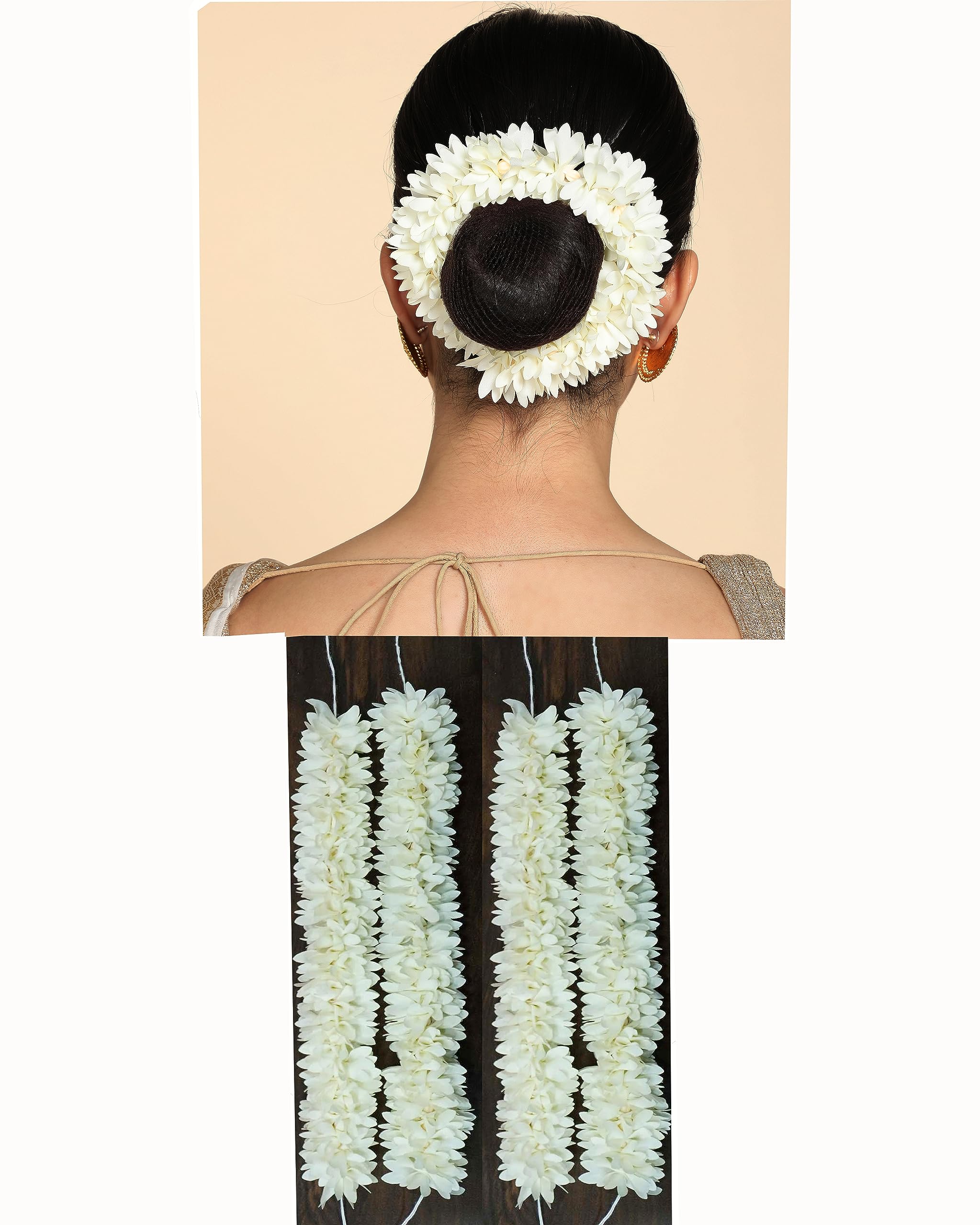 Elegant Hair Gajra - Traditional Indian Floral Hair Accessory for Women - Handcrafted Jasmine & Rose Design - Festive Wedding Hair Decoration Pack of 4 pcs