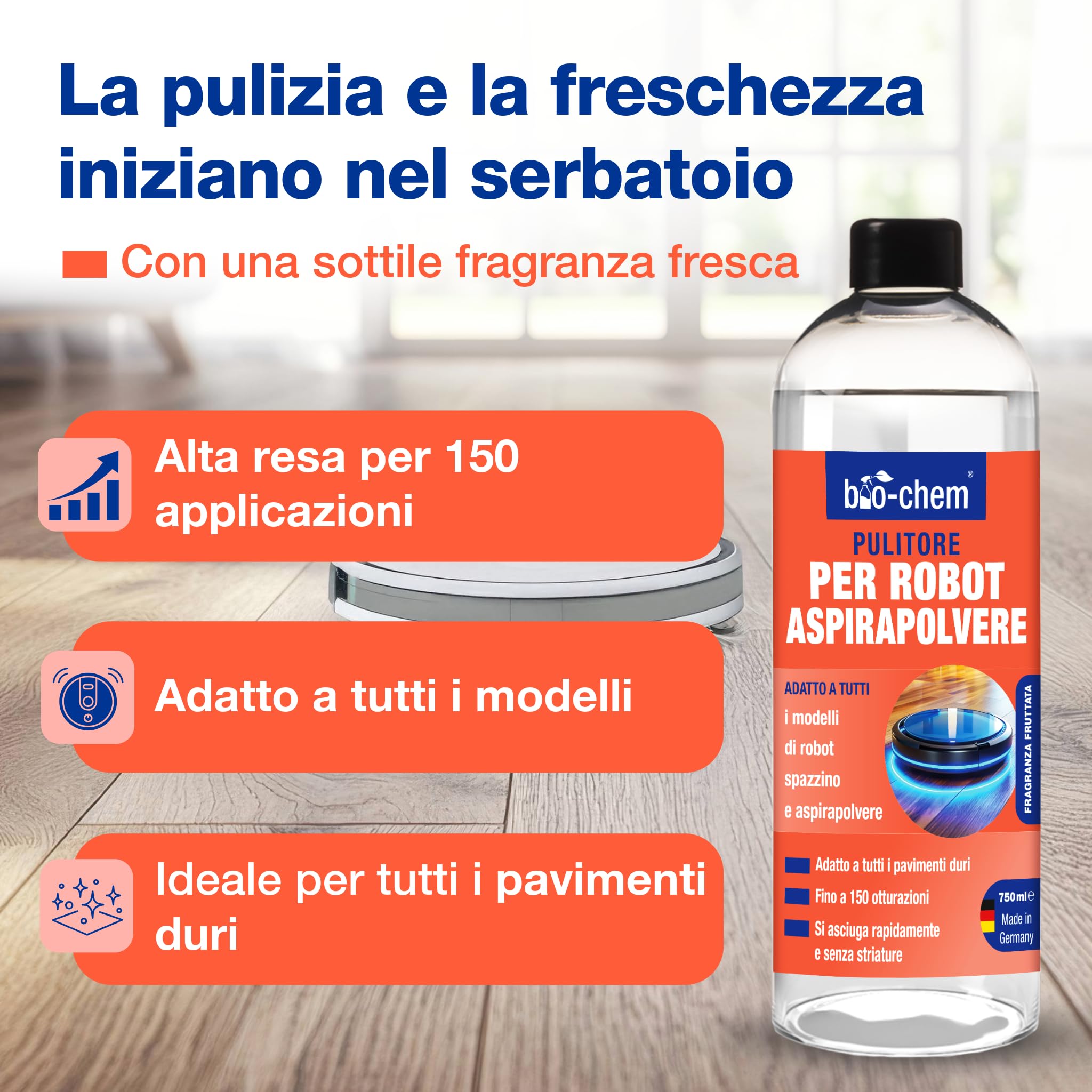 bio-chem - Detergente per pavimenti per Robot Hoover 0,75L + Bicchiere di misurazione - Detergente economico ed ecologico per Robot Hoover e Robot Cleaner Tutte le marche