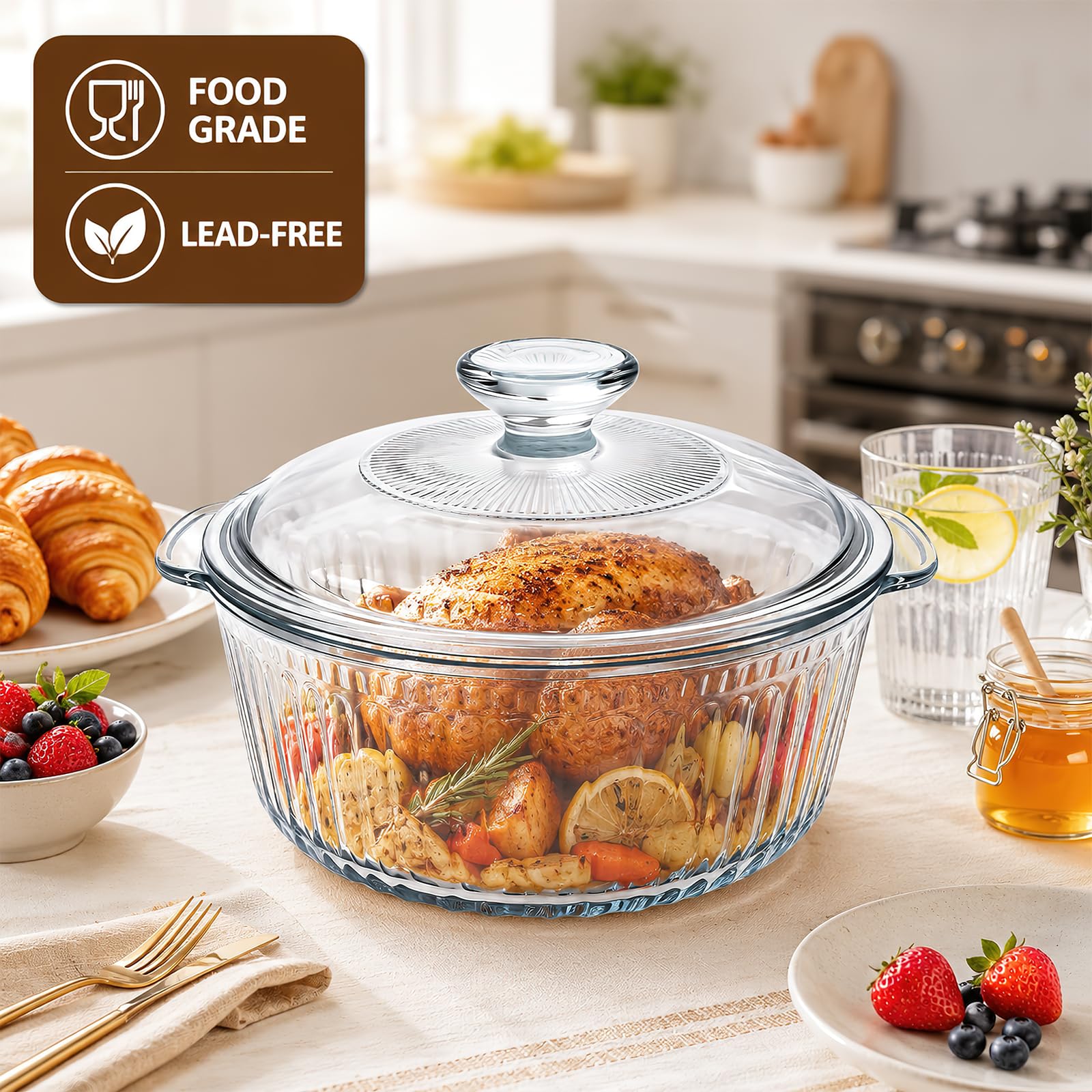 Casseruola in vetro da 2,5 l con coperchio, tonda, teglia trasparente con manici per cucinare, forno, forno a microonde