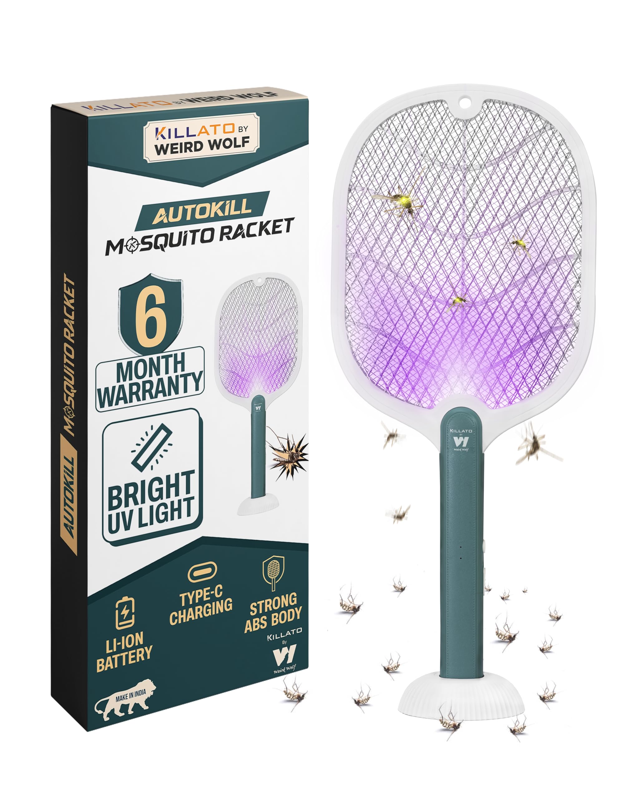 Weird Wolf 2 in 1 UV Light Electric Fly Swatter Mosquito Racket Bat with Base Stand, Lithium Battery, Type-C USB Charging, 6 Months Warranty, White