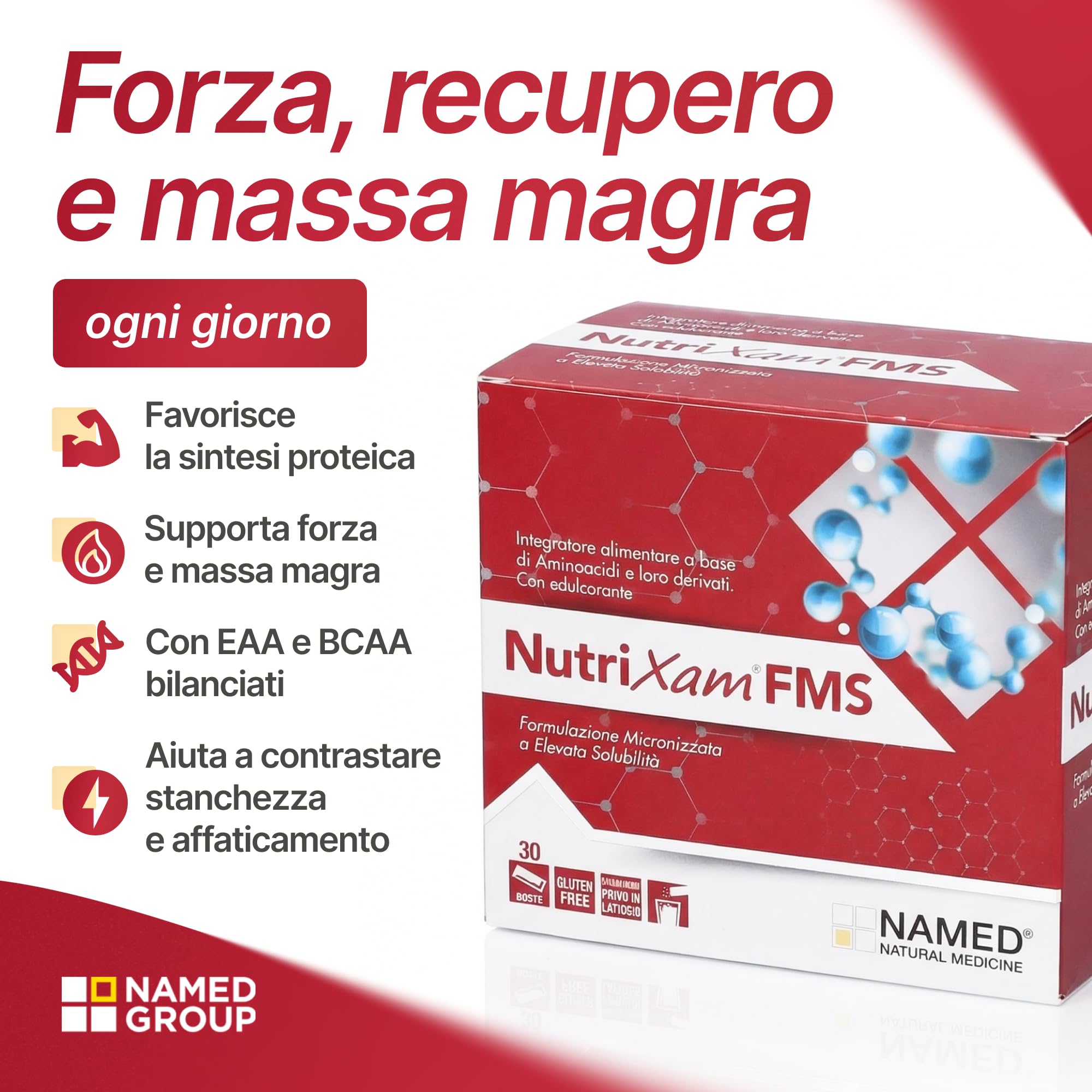 NAMED Nutrixam Integratore Aminoacidi Essenziali EAA | Aminoacidi Ramificati BCAA | Supporto per Recupero Muscolare, Energia e Benessere Fisico | Integratore Completo Adulti | FMS, 30 Buste