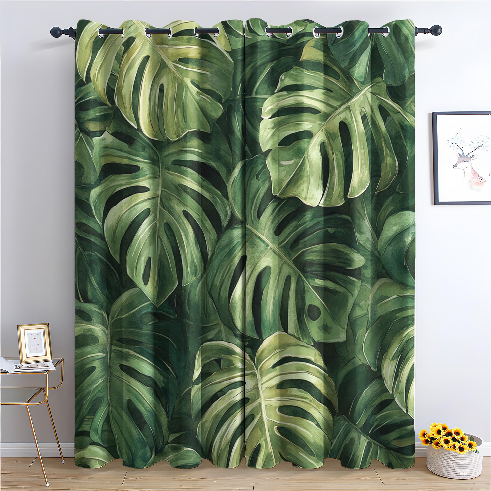 NIYAKA Monstera Blackout Curtains for Living Room, Sage Green Leaf Curtains for Bedroom, Thermal Insulated Noise Reduction Eyelet Window Treatments 90 Drop, 2 Panels Drapes (W66 x L90)
