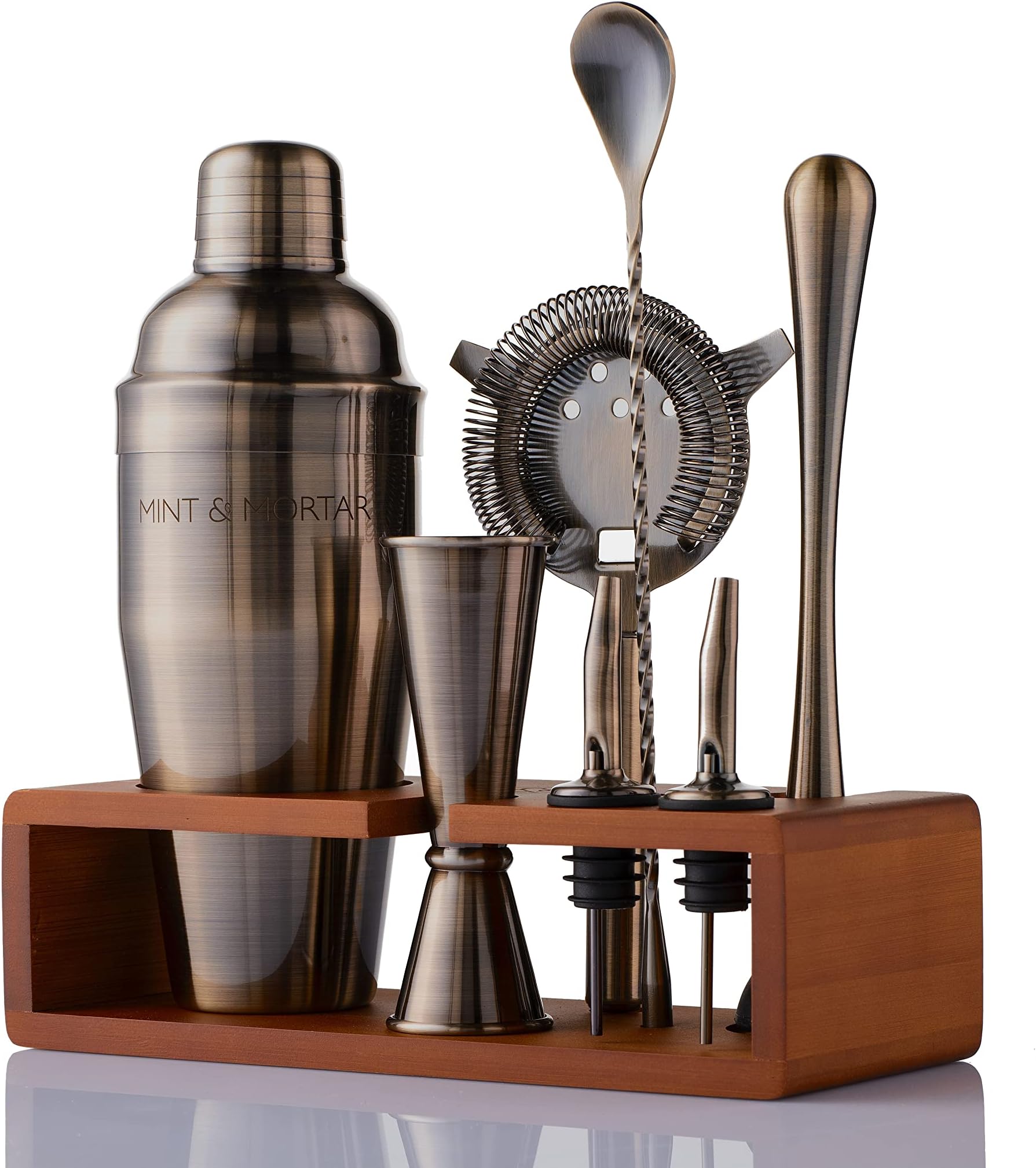 Mint & Mortar 7-Piece Cocktail Shaker Set with Bamboo Stand Stainless Steel Mixology Bartender Kit with Bar Tools for The Home & Professional Great Martini/Margarita 24oz Mixer (Gunmetal Black)