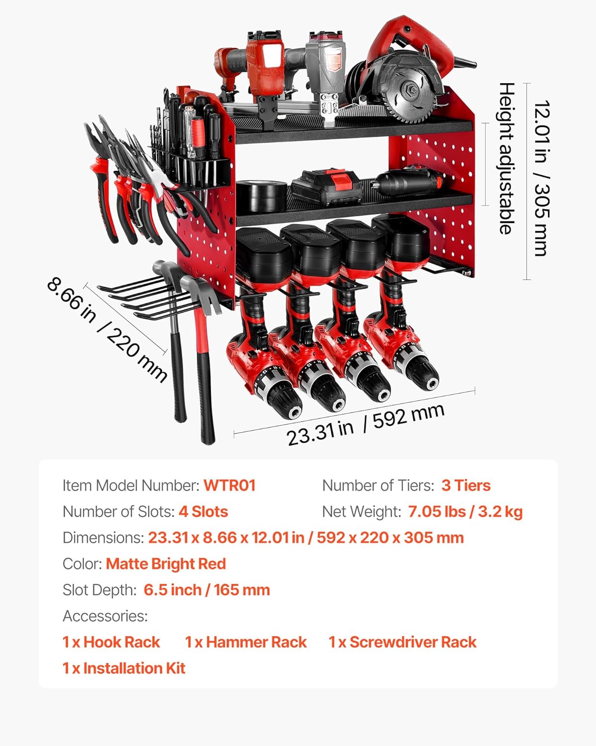 VEVOR Power Tool Organizer Wall Mount, 3-Layer Storage Rack with 4 Drill Holders, Tools Holder and Storage Rack with Side Pegboards, Garage Tool Organizer for Garage, Workbench, and Workshop