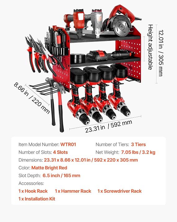 VEVOR Power Tool Organizer Wall Mount, 3-Layer Storage Rack with 4 Drill Holders, Tools Holder and Storage Rack with Side Pegboards, Garage Tool Organizer for Garage, Workbench, and Workshop