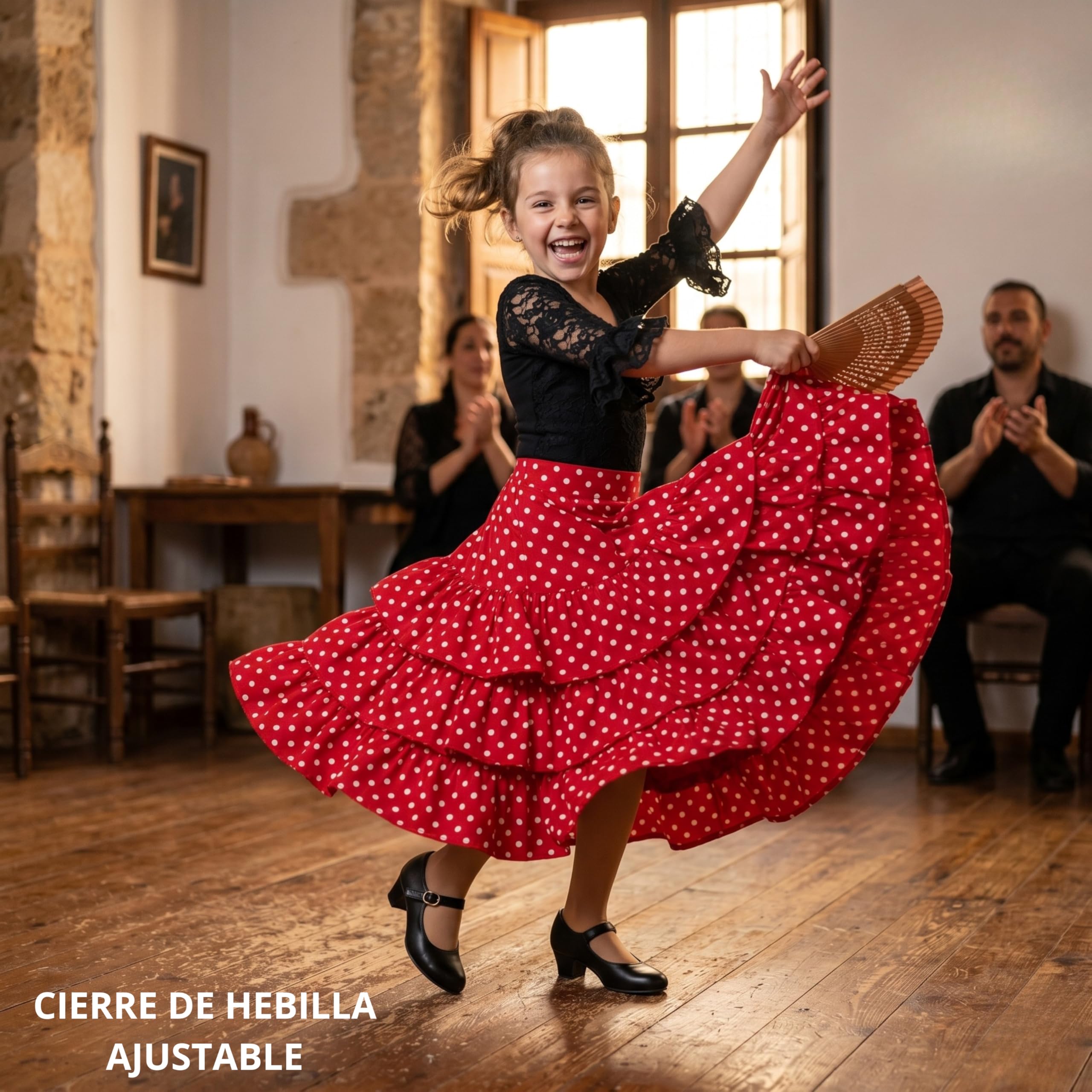 Zapatos Negros de Baile Flamenco para Niña y Mujer de Iniciación | Talla 24 a 41 | Tacón Ancho de 3,5 cm | Cómodos para Clases de Sevillanas y Danza Española | Cierre de Hebilla