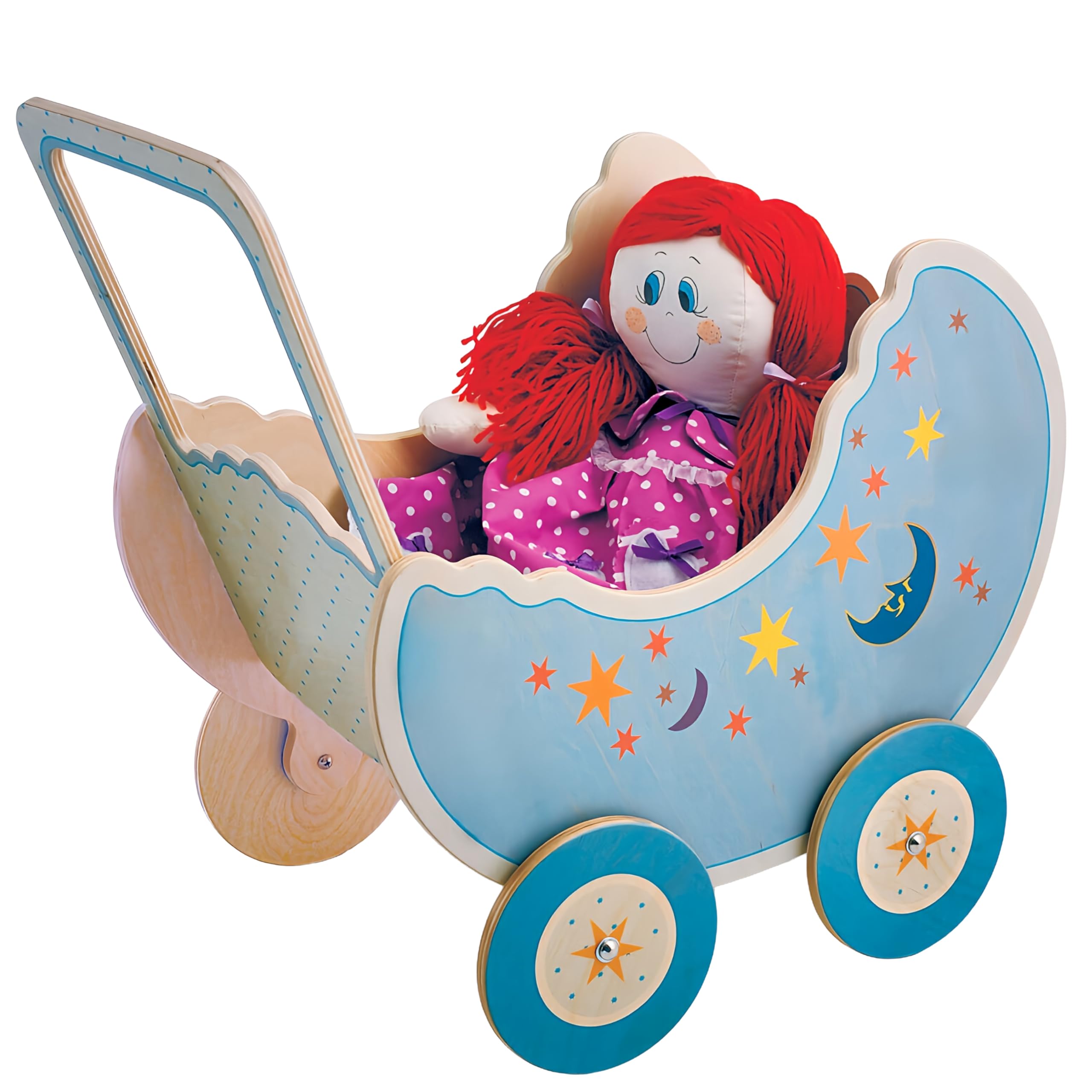 Dida - Carrozzina per Bambole Luna: Realizzato in Legno, Passeggino per Grandi Bambole fino a 50 cm Ideale per i Giochi di Ruolo di Piccole Mamme e Papà, per Bambini 2 3 4 Anni