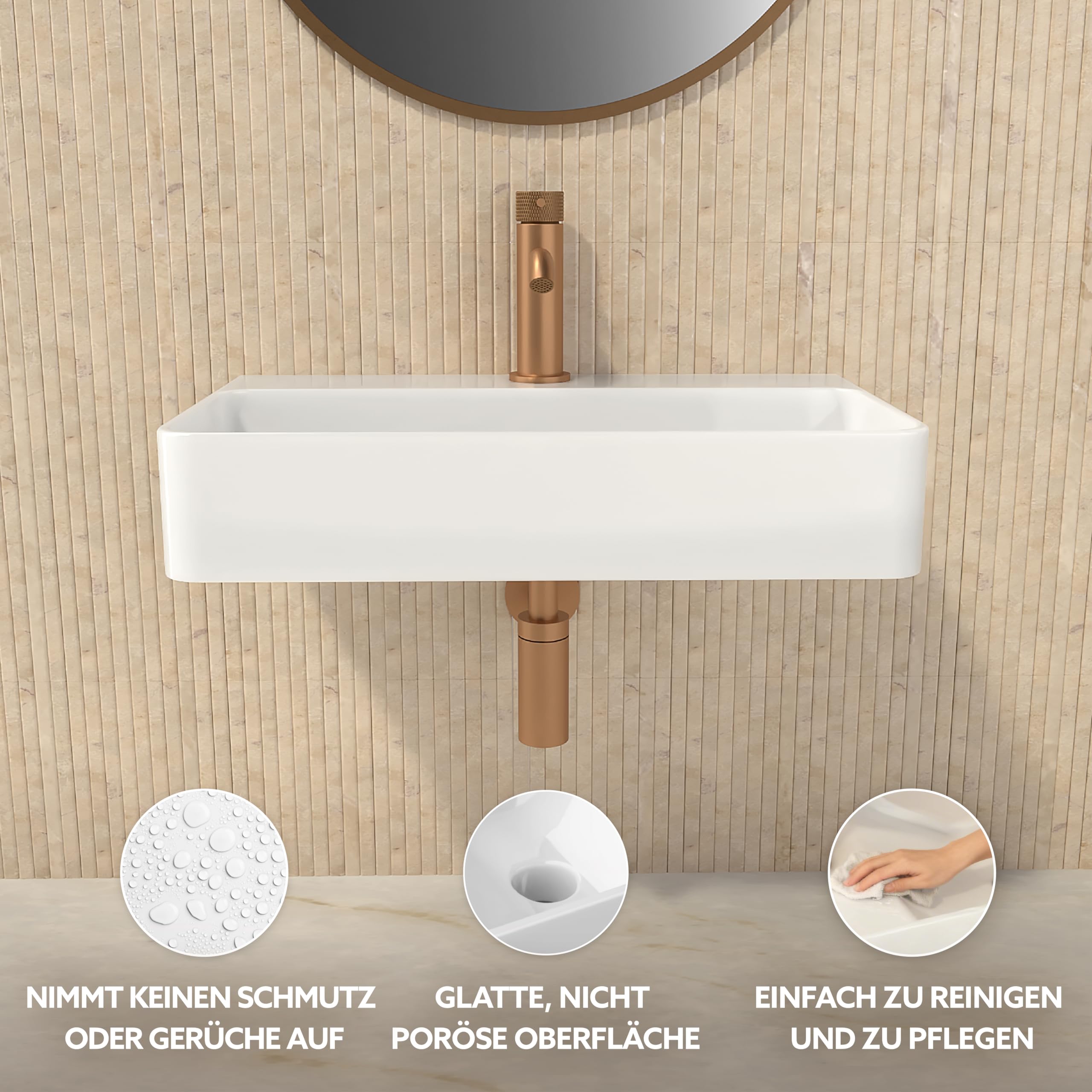 HOGART lavabo baño 54x30 cm con seno a la derecha, lavabo de cerámica blanco rectangular, lavabo suspendido pared o sobre encimera, con orificio para grifo, sin rebosadero, ideal baño moderno — view 3