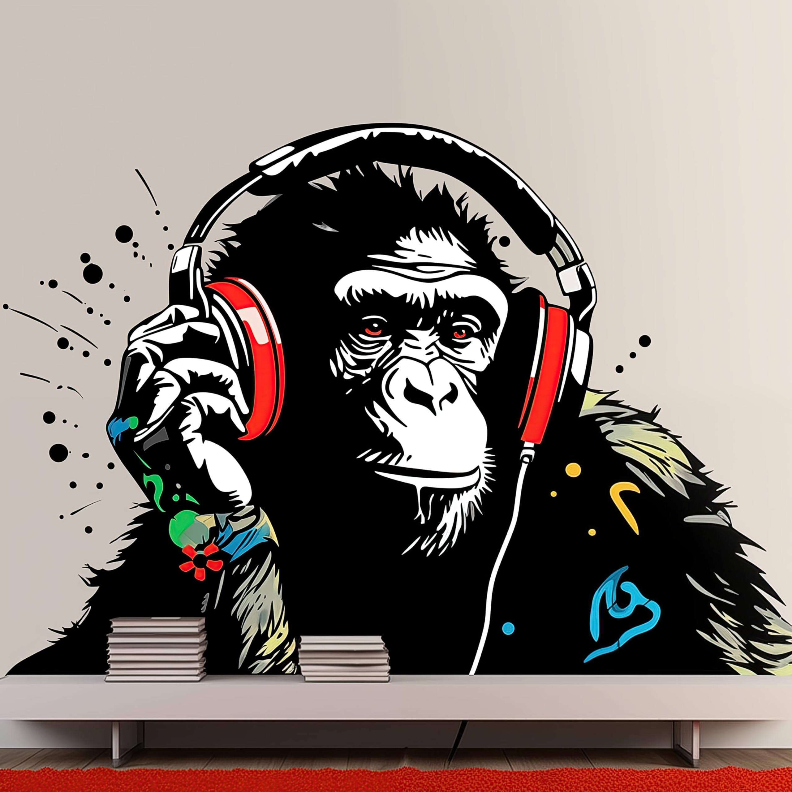 Adesivo da parete a forma di scimpanzé con cuffie – Urban Jungle DJ Ape Decal – Musica contemporanea che ascolta musica in vinile