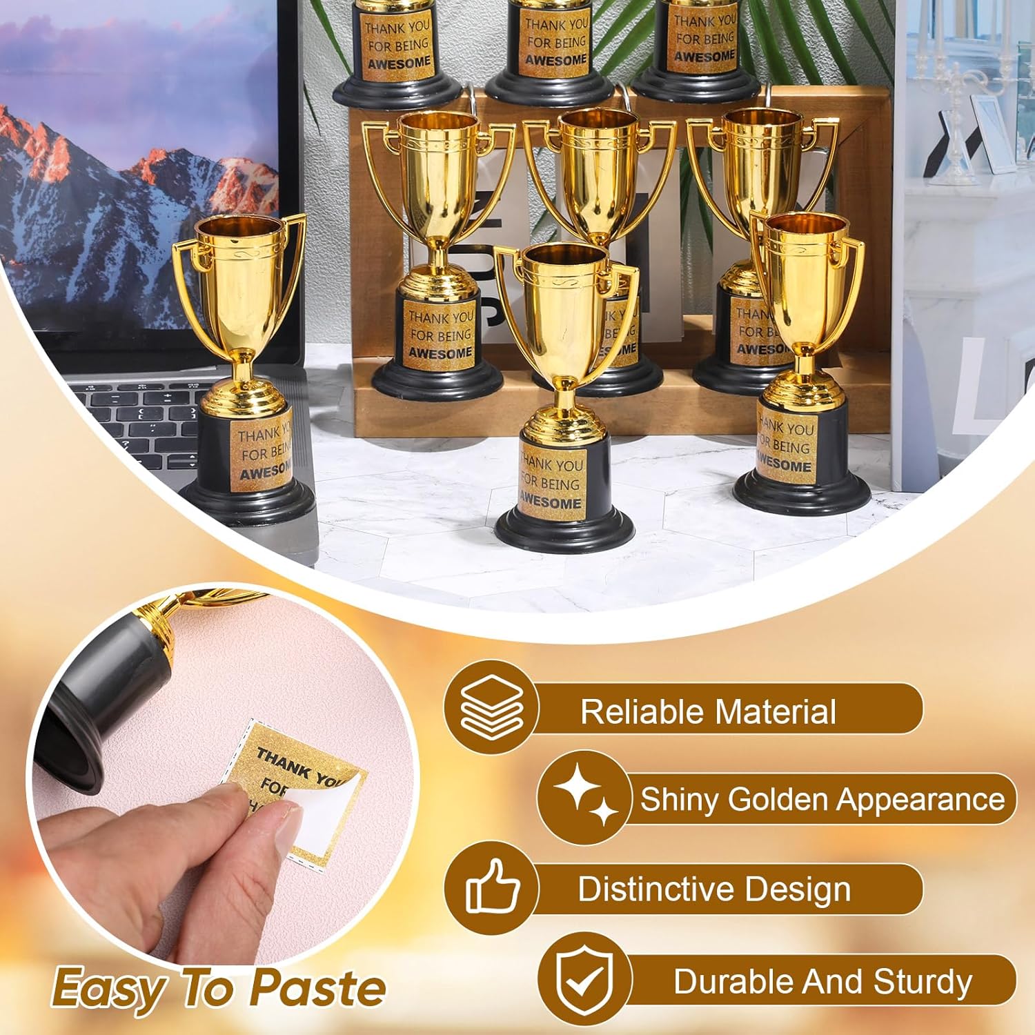 Highergo 48 Pcs Mini Trophies Awards Plastic Gold Trophy Cups Party Favors Adults Metal Trophy with Stickers for School Football Basketball Sports Competition Staff Reward Appreciation Gifts