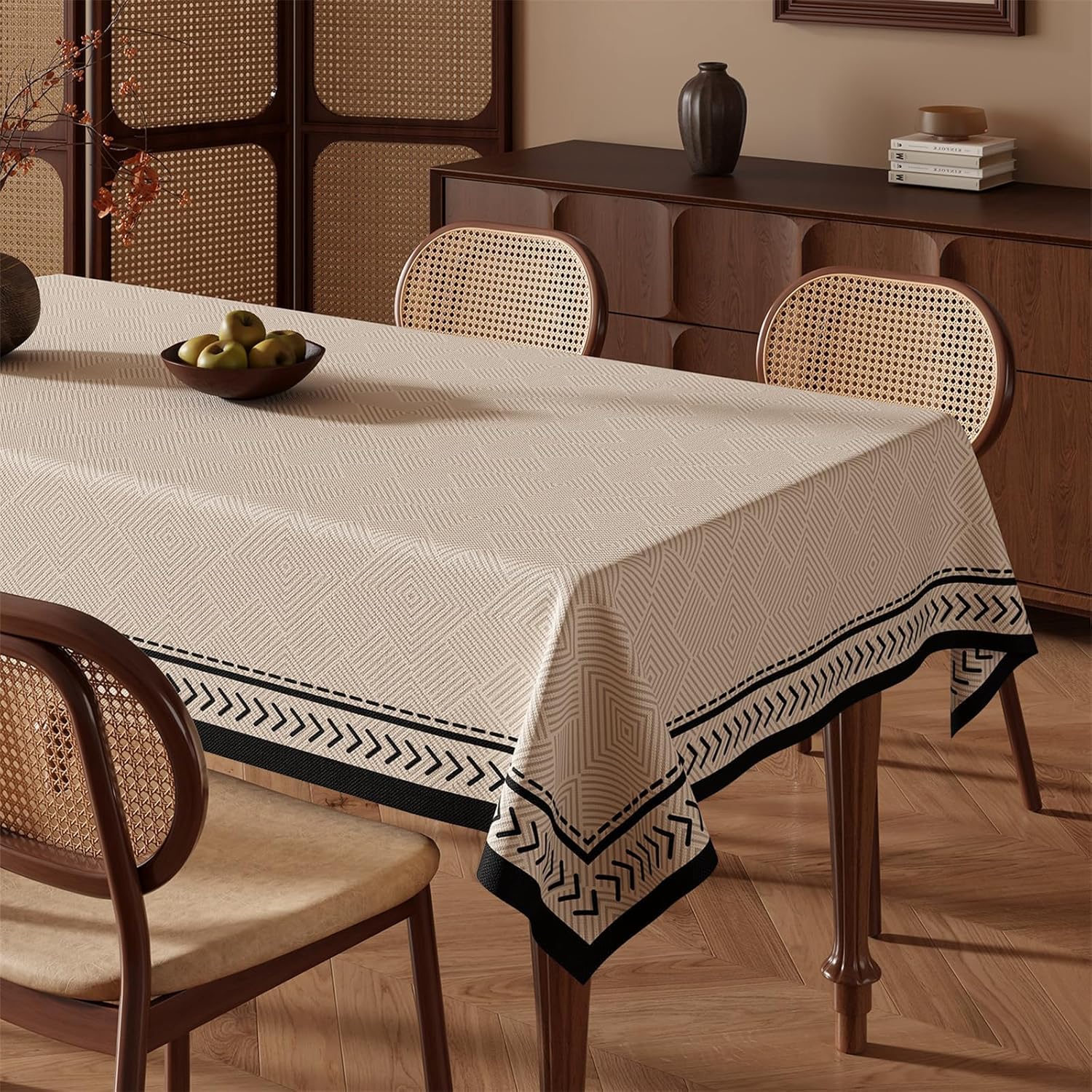 KIJyfgTR Wipe-clean PVC Tablecloths Featuring Minimalist Geometric And Floral Patterns(Black Beige,140x260cm)
