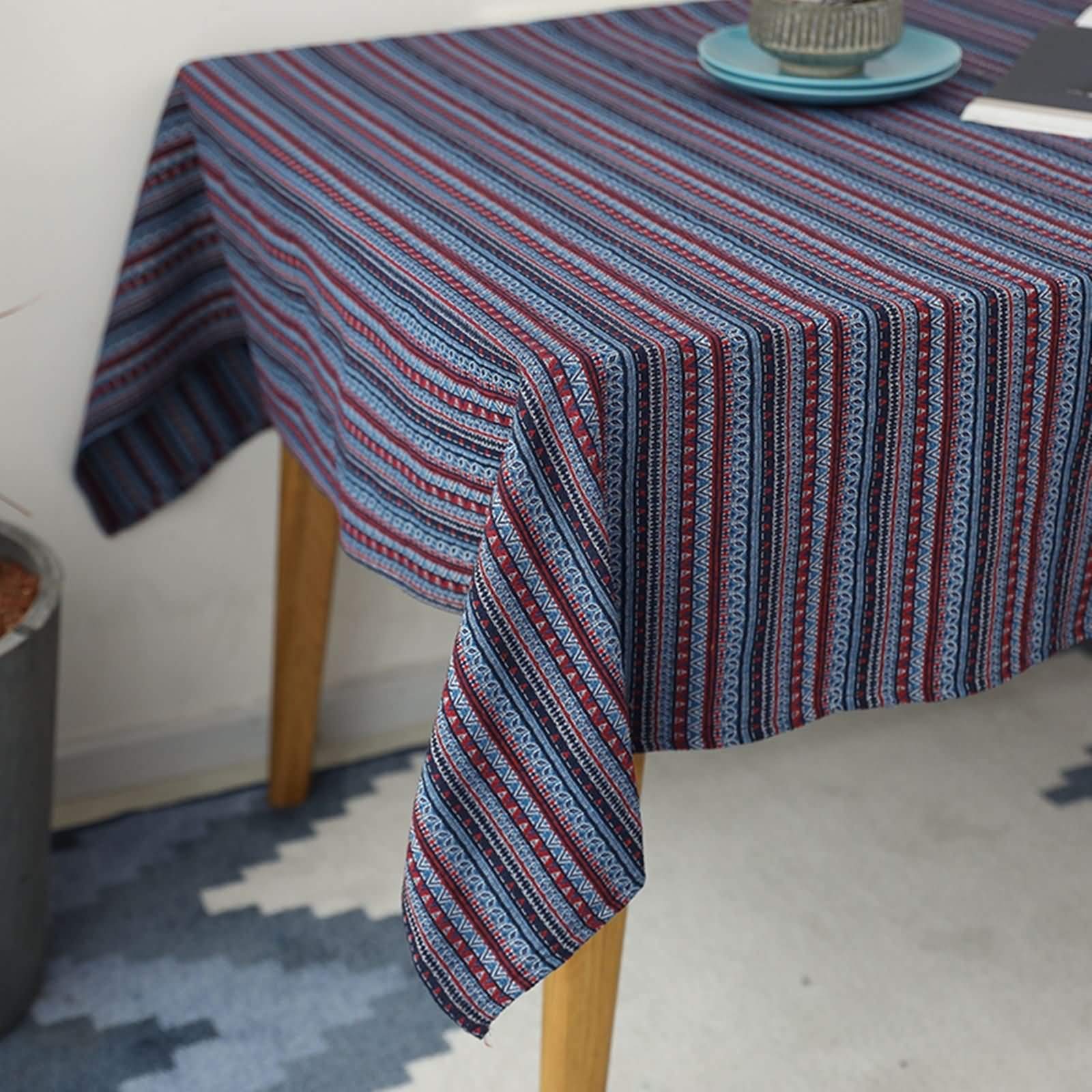 Mantel Antimanchas y Lavable Rectangular Azul Púrpura Mesa, Rayas, de Algodón Lavable, 145 x 220 cm, Mantel para Mesa de Centro
