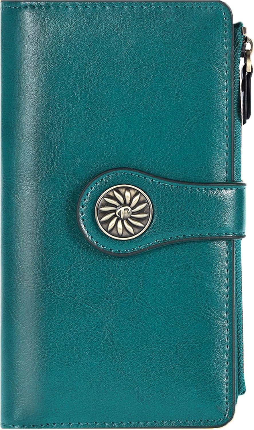 Travelambo Wallets Women RFID Large Capacity Luxury Waxed Leather Clutch Wallet Multi Card Organizer, Wax Teal, Clutch
