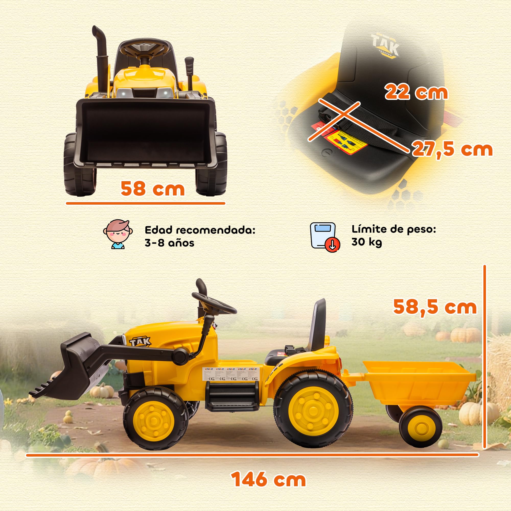 AIYAPLAY Tractor Eléctrico para Niños con Remolque Desmontable y Pala 12V | Tractor de Juguete de Batería, Motor Doble, Control Remoto 2,4G, Luces, Música, Conexión Inalámbrica, USB, +3 Años
