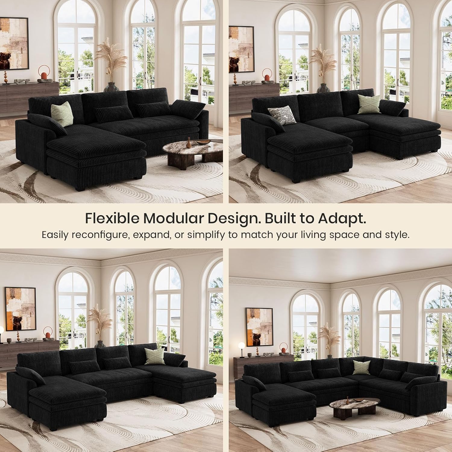 Belffin Large Modular Sectional Sofa with Double 61" Loveseat, Corduroy Corner Couch with 9" Soft Dual-Layer Seats Cushion for Living Room, Apartment, Small Sapce, Black