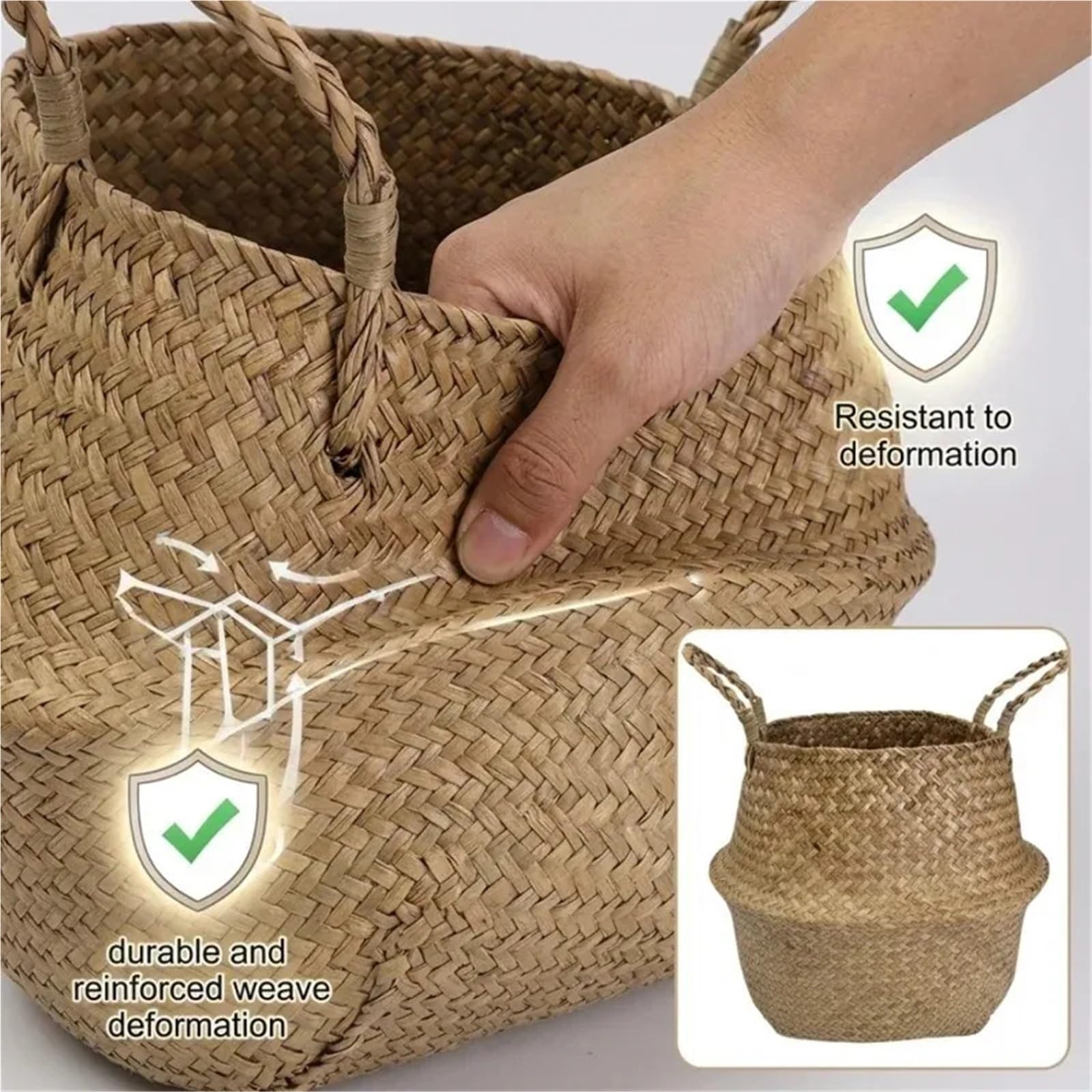 Cesta de almacenamiento tejida a mano pasto marino natural | Con asas dobles, cubierta for maceta, forma de calabaza, tejido cónico for lavandería, sala de estar