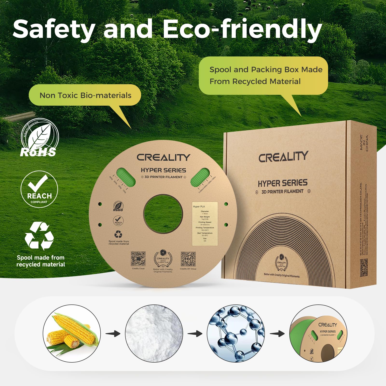 Creality Official Hyper PLA Filament Verde 1KG, Filamento per Stampanti 3D per la Stampa ad Alta Velocità, Durevole e Resistente, Liscio, Prestazioni a Sbalzo Precisione Dimensionale +/-0,03mm