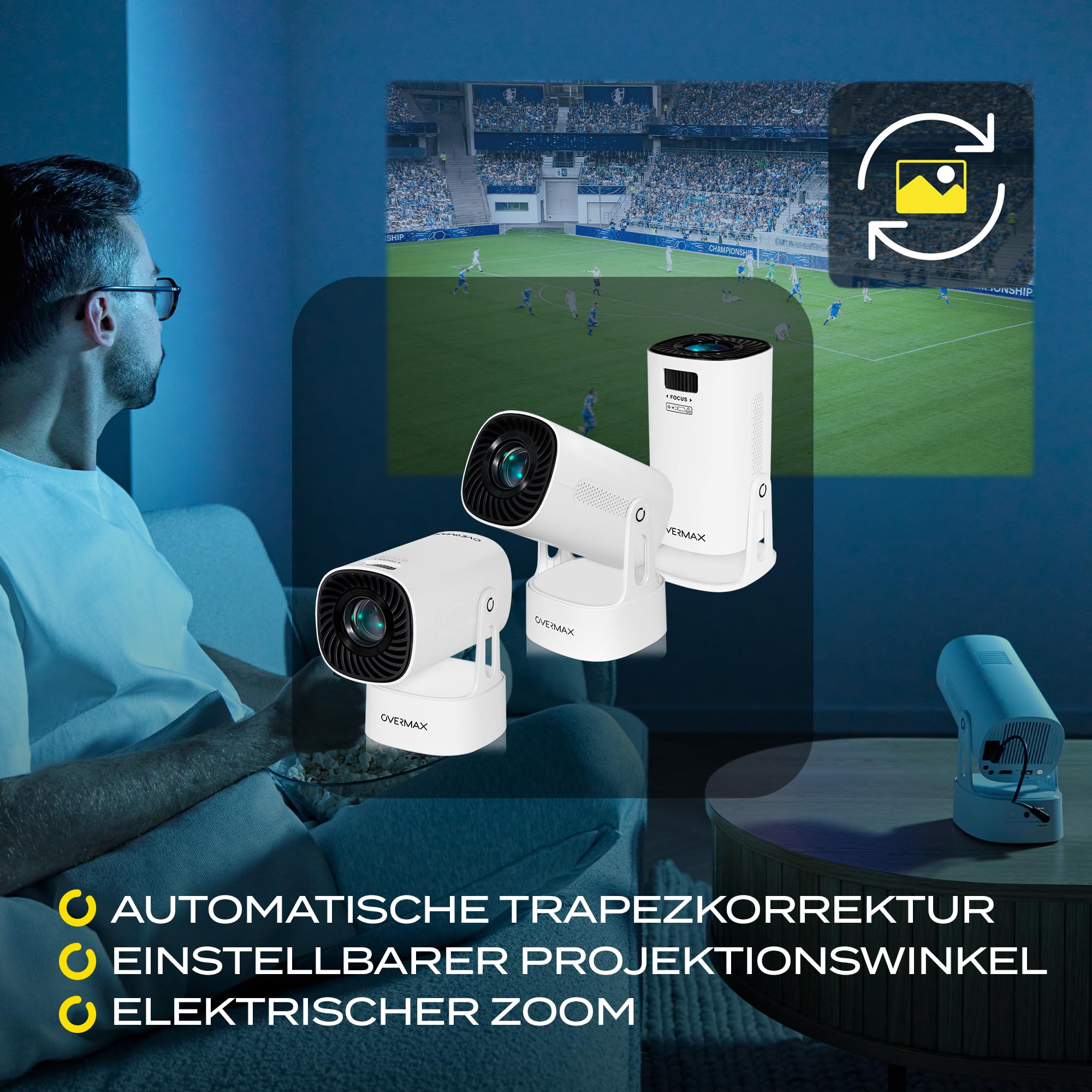 OVERMAX MULTIPIC EZ Mini Projektor 4K FullHD, 120 Min. Akkulaufzeit 5000mAh, Trapezkorrektur, Bild bis zu 200", Wi-Fi, Bluetooth, 2000 Lumen 120 ANSI, Nightsky & Ambiente, Fernbedienung, Android