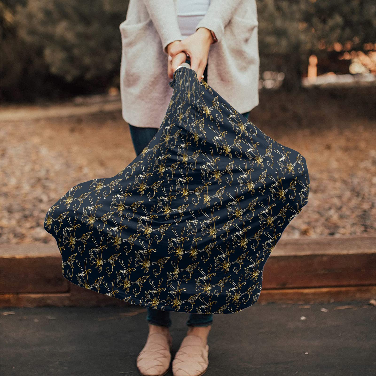 Nursing Cover for Breastfeeding Scarf, Gold Flower Textured Black Baby Car Covers Super Soft Multi Use for Canopy Shopping Cart Cover Blanket Stroller Cover