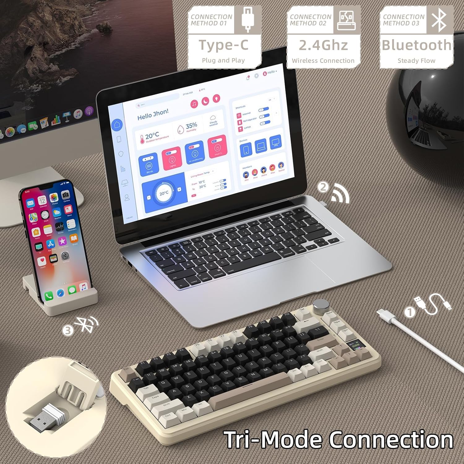 Keyboard connected to laptop and phone via multiple modes