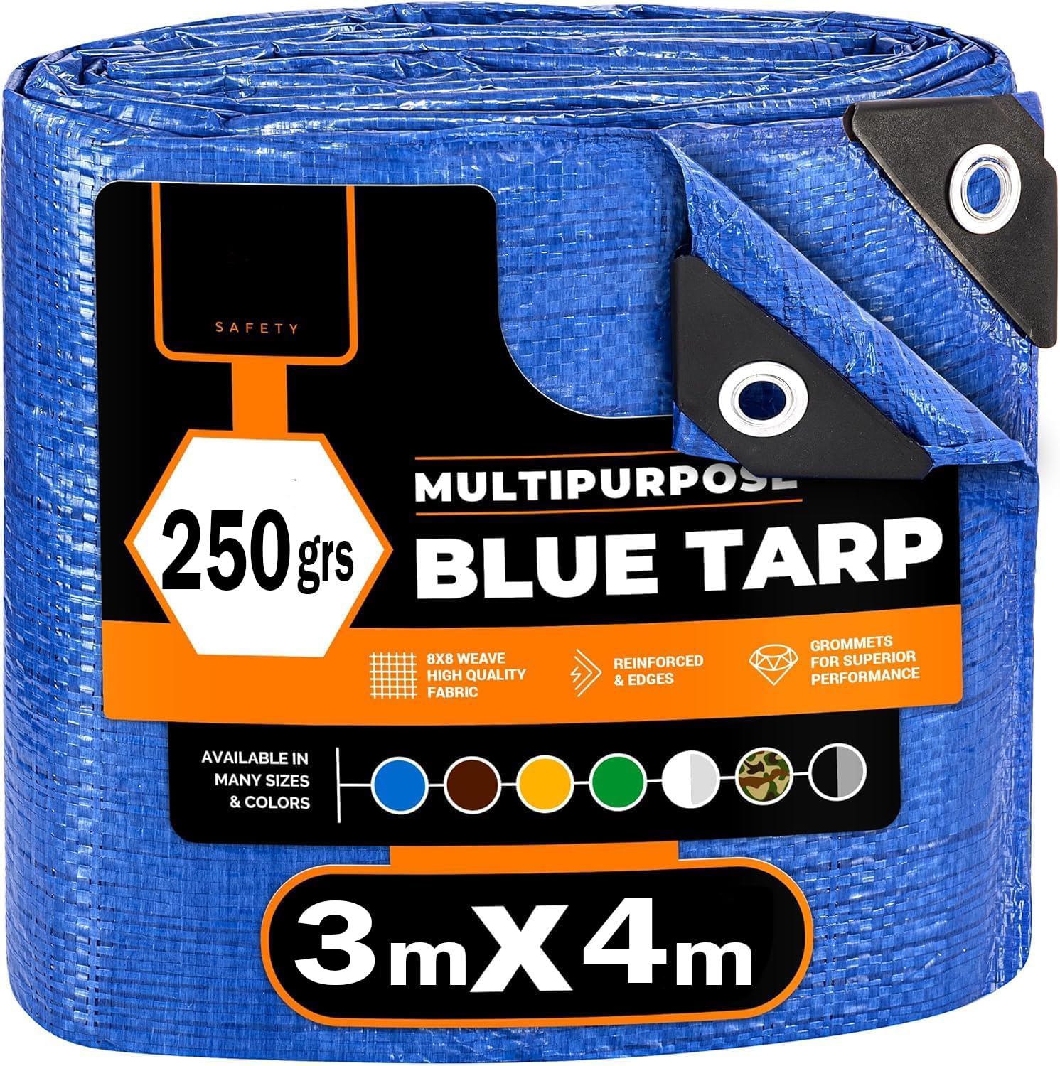 (Azul/Negro, 3x4 250g) Lona Impermeable Exterior - Reforzada - Argollas Antidesgarro - Toldo 100% Impermeable y 100% Protección UV - Cubretodo Múltiples Usos - 3 Capas Laminado Cruzado