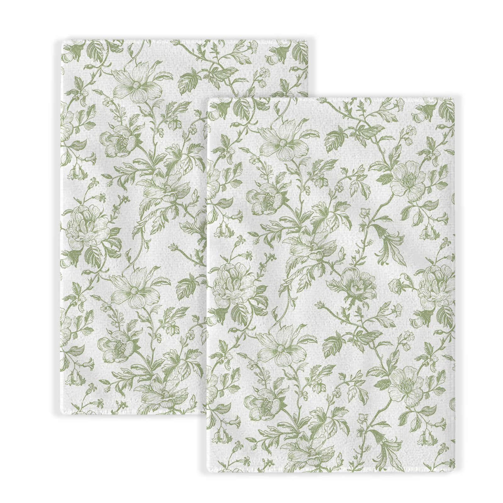 Sage Green Floral Kitchen Towels Light Green Flower Chinoiserie Dish Towels, 16x24 Inch Seasonal Spring Summer Toile Decoration Absorbent Hand Towels for Home Kitchen Dinner Drying Set of 2